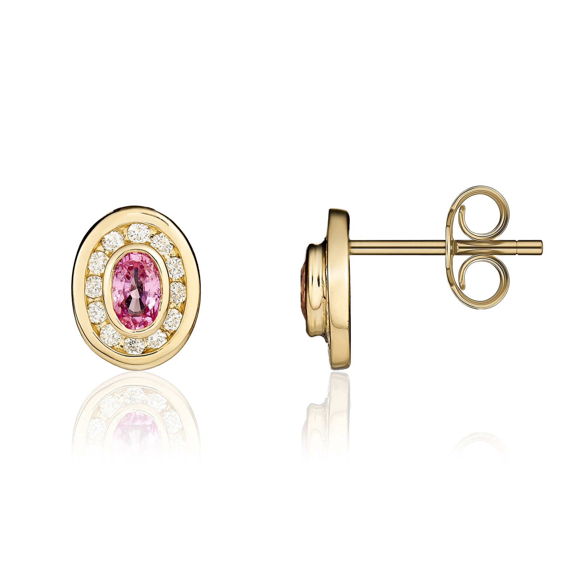 9ct Yellow Gold Oval Pink Sapphire & Diamond Cluster Stud Earrings