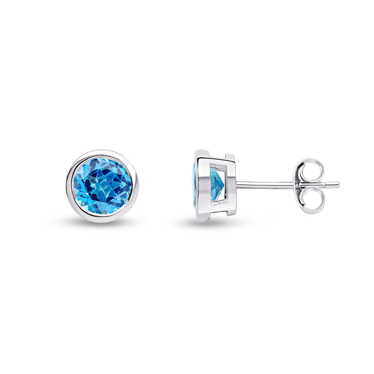 9ct White Gold 6mm Round Swiss Blue Topaz Rubover Earrings