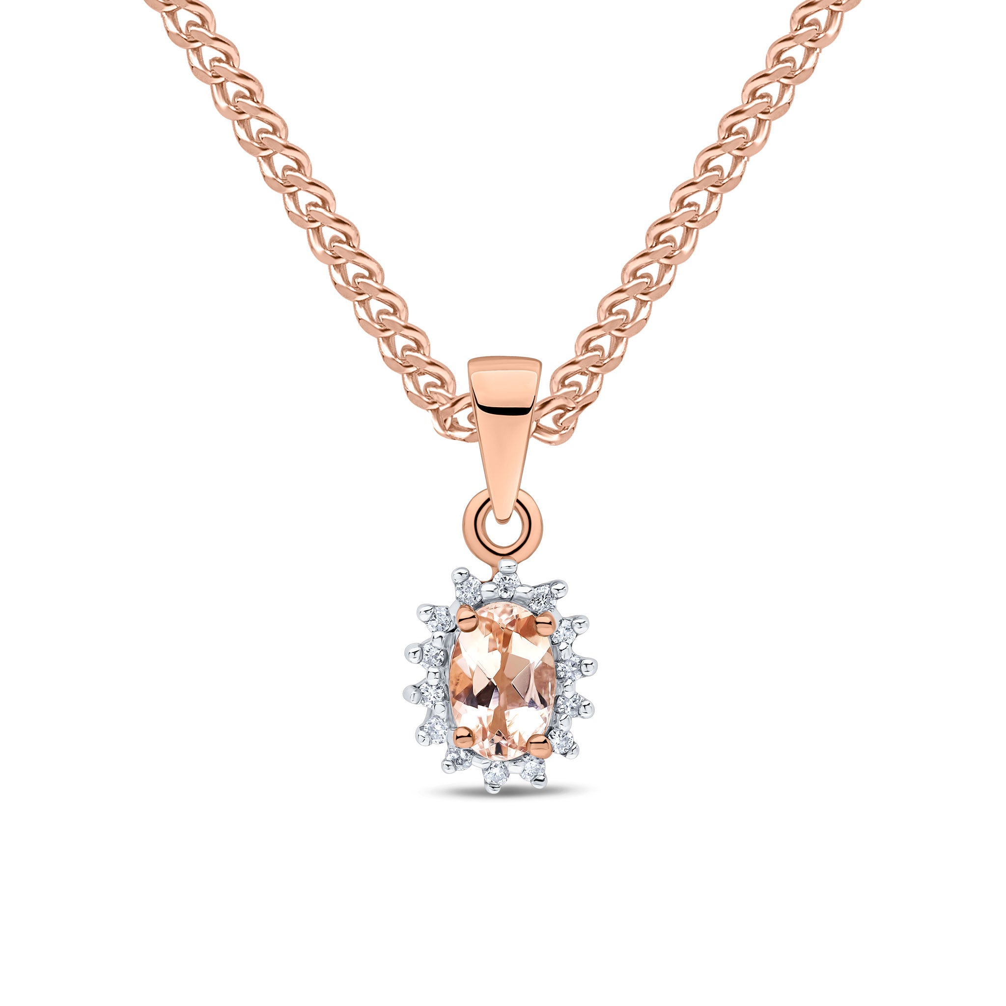9ct rose gold oval morganite & diamond cluster pendant