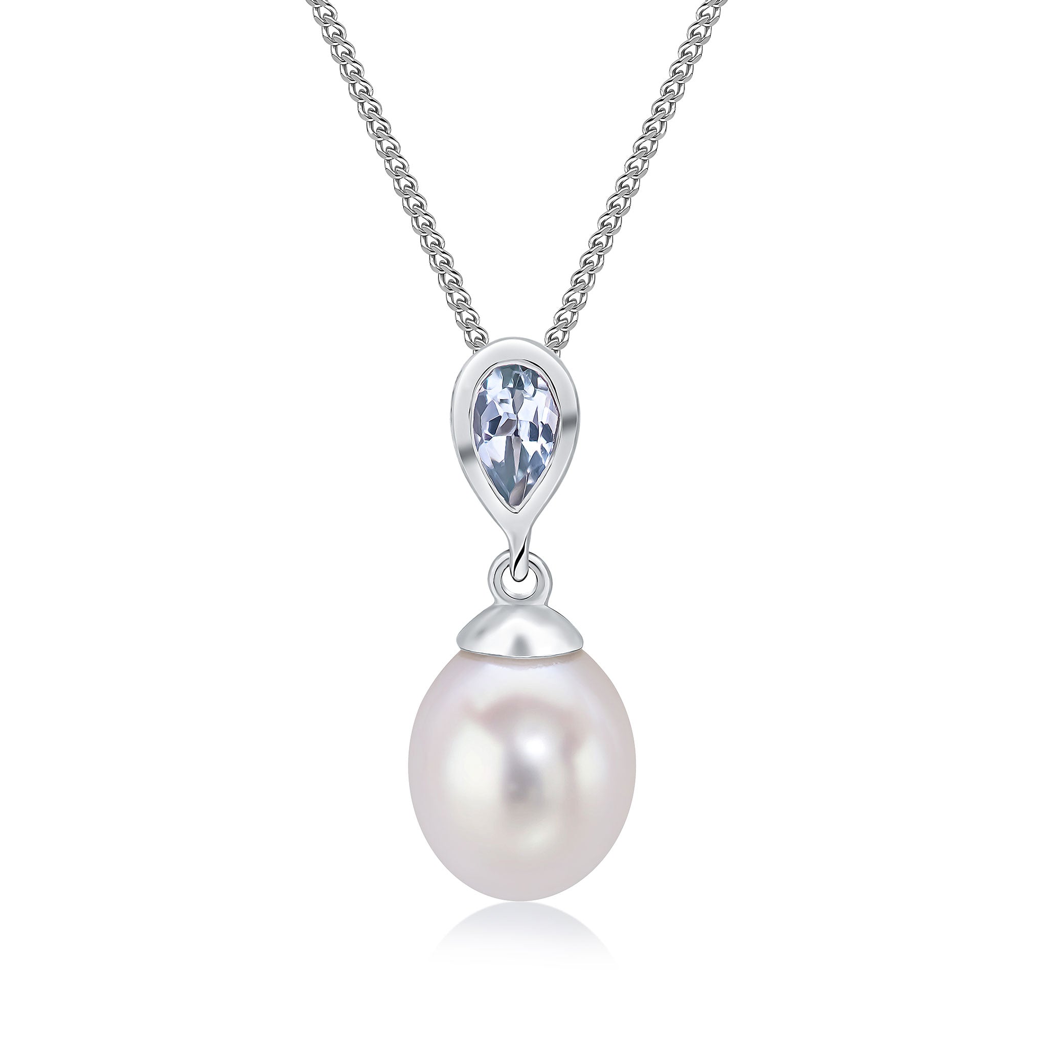 9ct White Gold Pearl & Single Pear Shape Aquamarine Drop Pendant