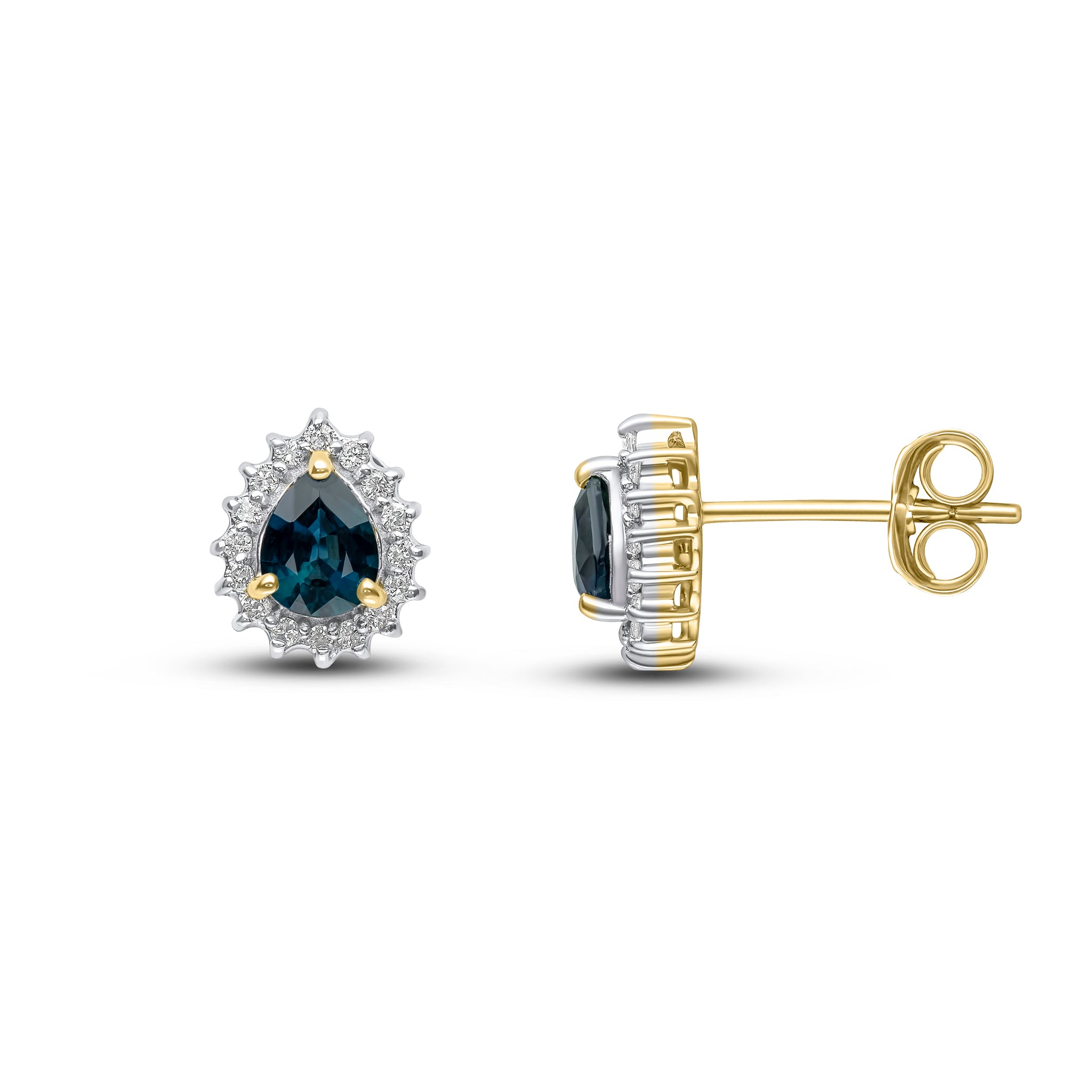 9ct Yellow Gold Pear Shape Sapphire and Diamond Claw Cluster Earrings
