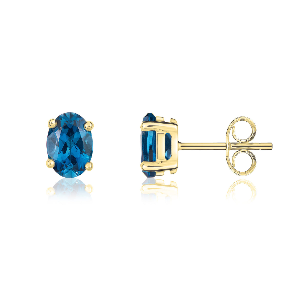 9ct Yellow Gold 7x5 Oval London Blue Topaz Claw Stud Earrings