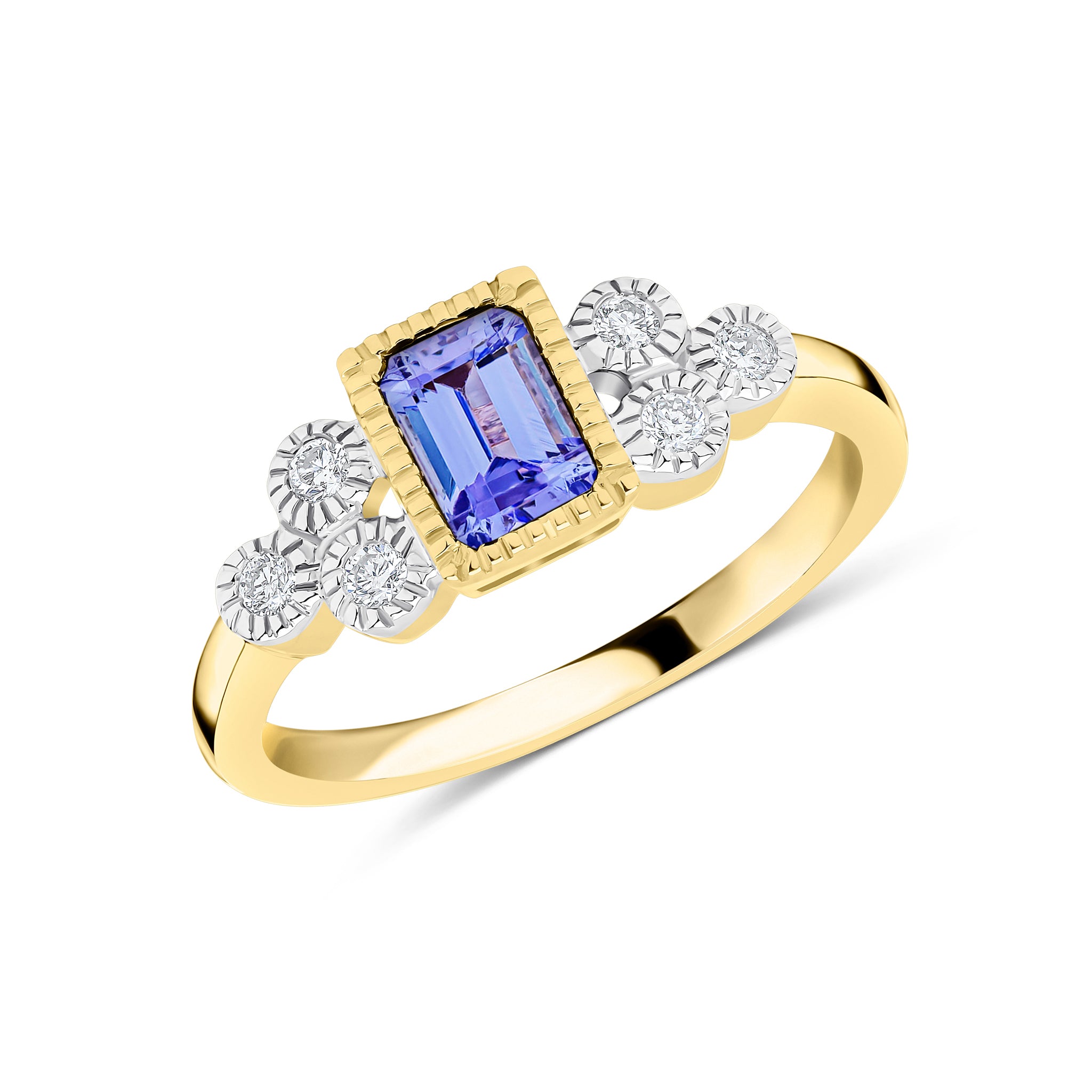 9ct Yellow Gold 6x4 Octagon Tanzanite and Diamond Trefoil Shoulders Milgrain Set Ring Rhodium to Diamonds