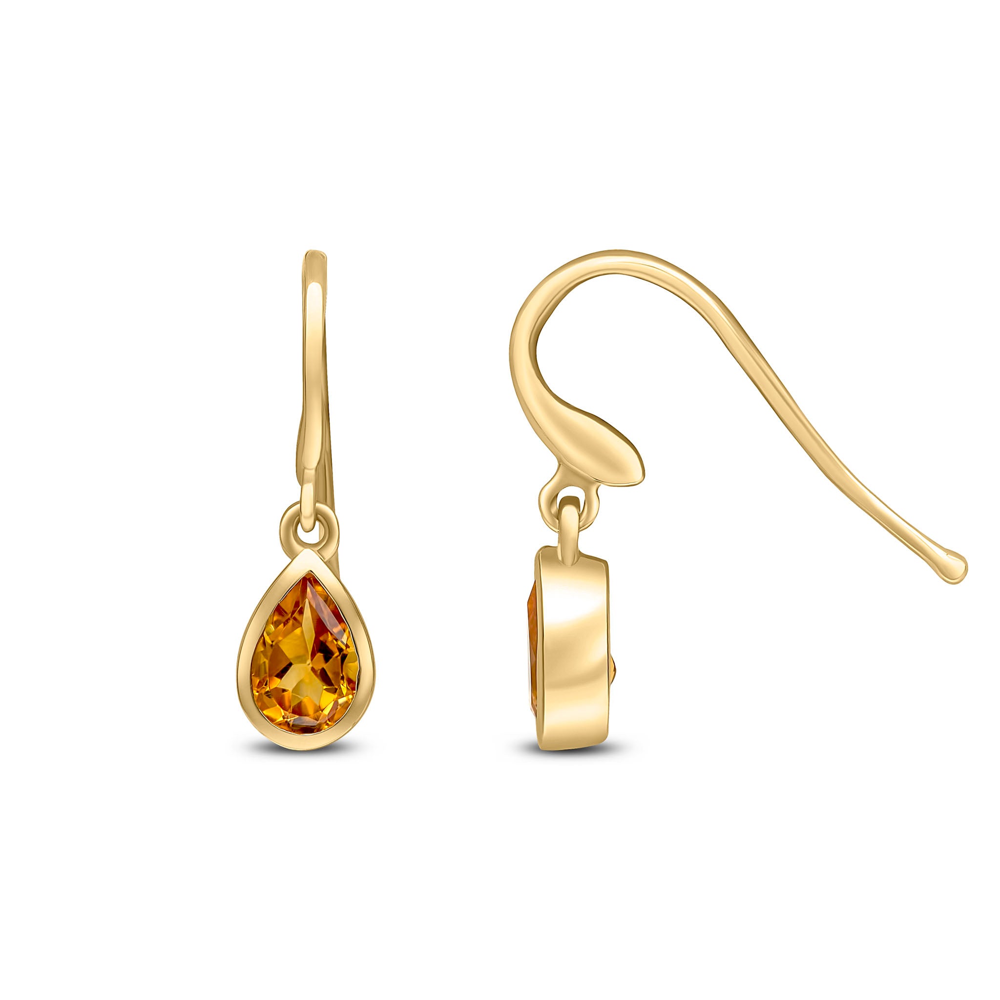 9ct Yellow Gold 6x4 Pear Shape Citrine Rubover Drop Earrings Hook Wire Fitting