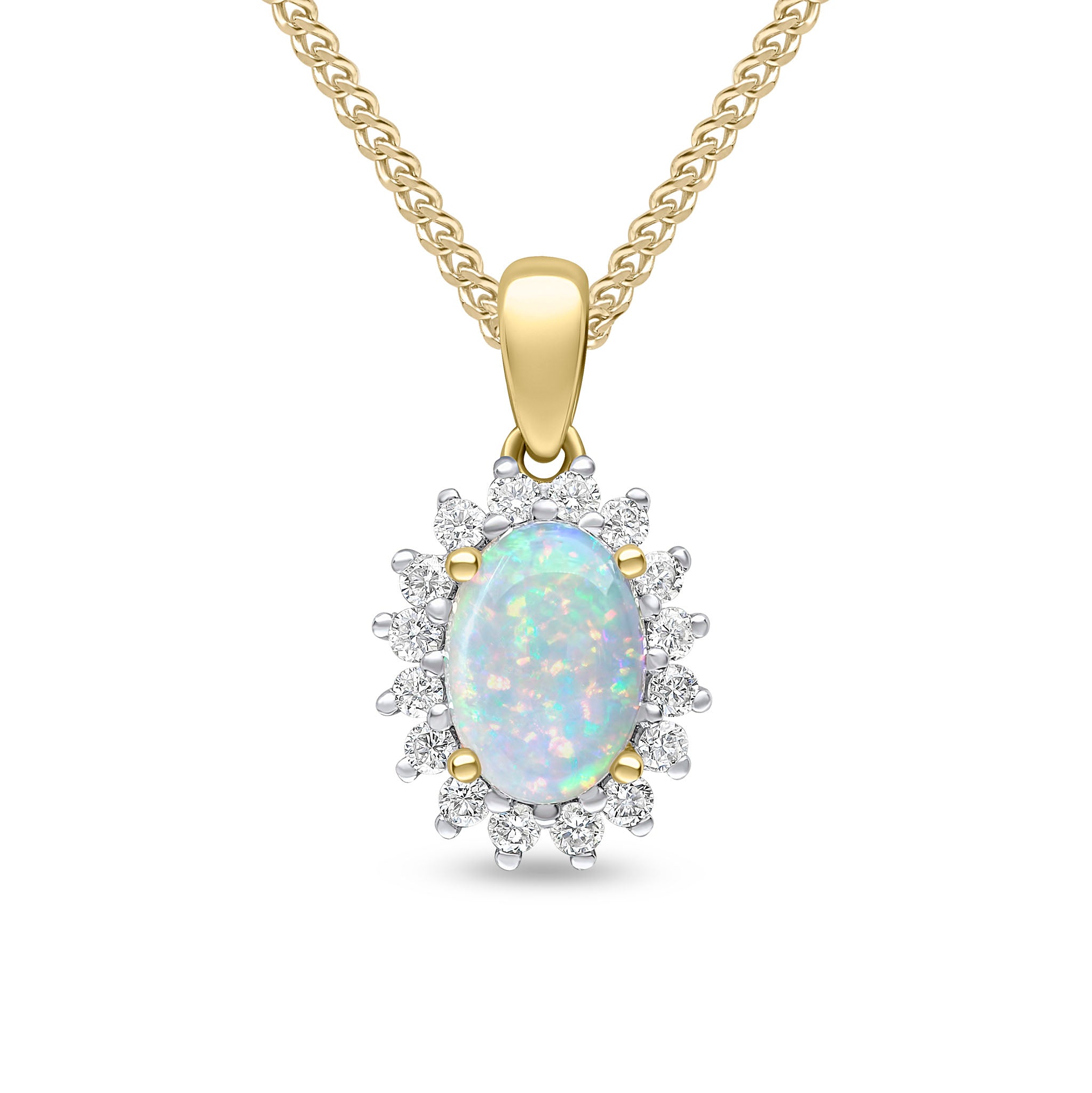 18ct Yellow Gold 7x5 Oval Opal & Diamond Claw Cluster Pendant Rhodium to Diamonds