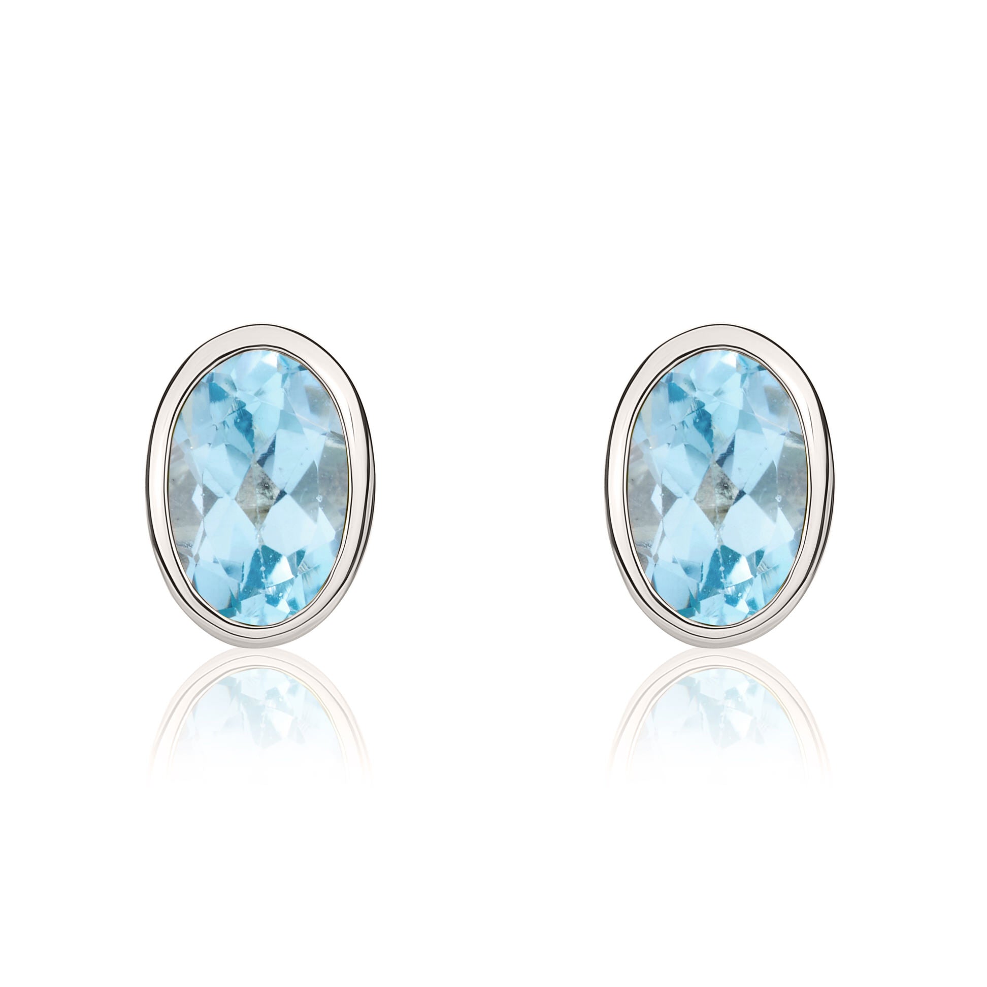 9ct white gold 6 x 4 mm oval Swiss Blue Topaz rubover Stud Earrings