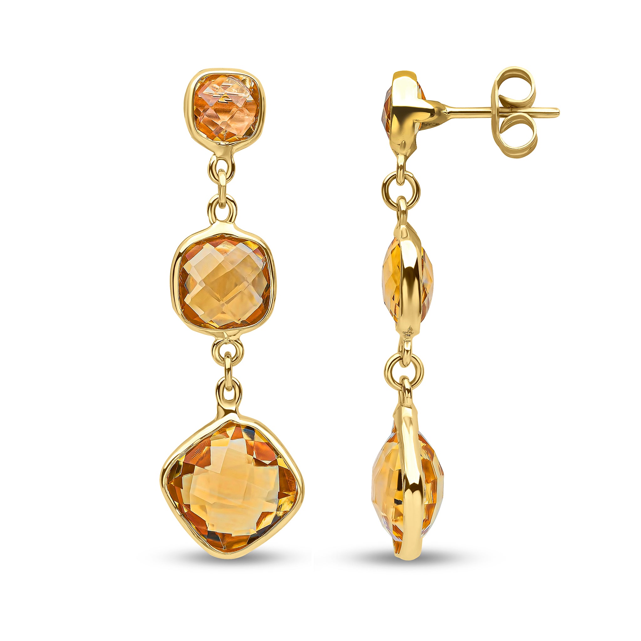 9ct Yellow Gold Checkerboard Cushion Citrine 3 Stone Drop Earrings