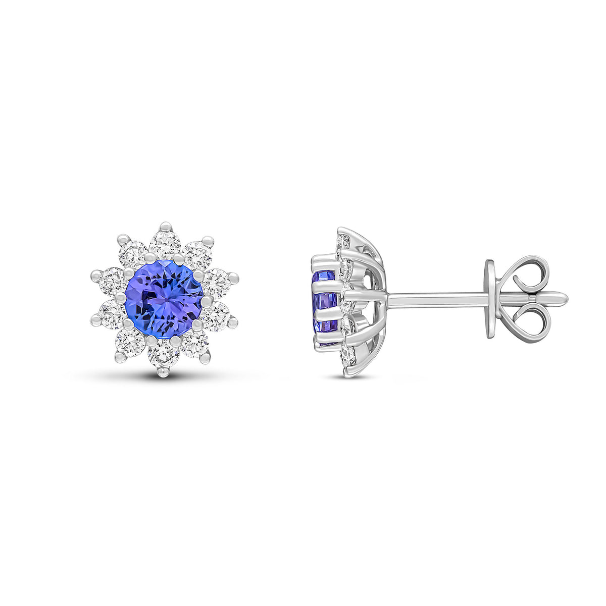 18ct White Gold 4.5mm Round Tanzanite & Round Diamond Claw Cluster Earrings