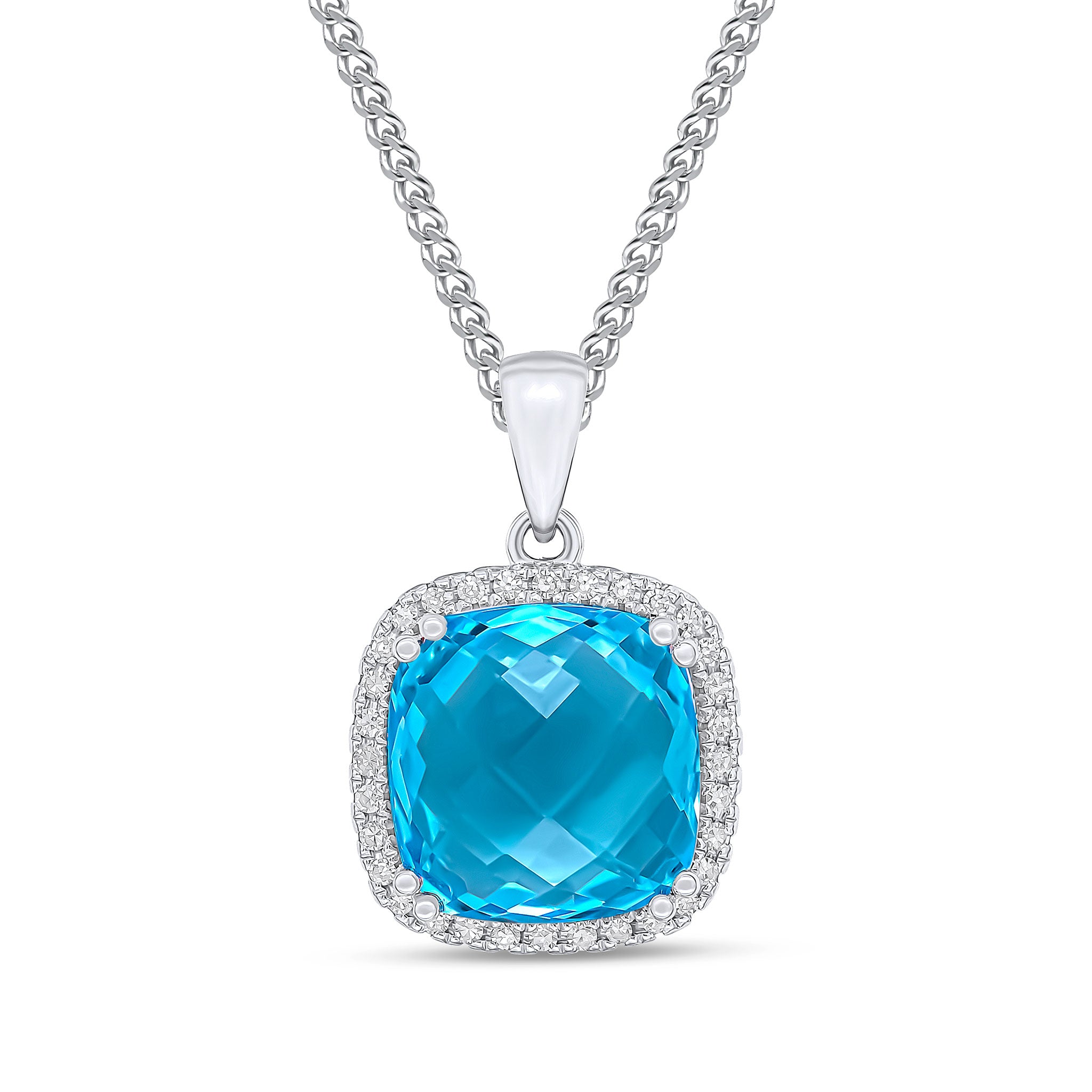 9ct White Gold 10mm Checkeboard Cut Cushion Swiss Blue Topaz & Diamond Claw Set Cluster Pendant
