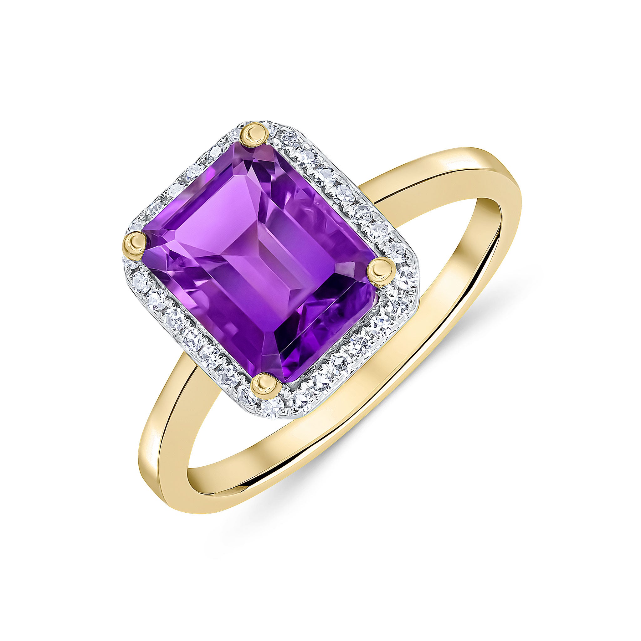 9CT YG 9X7 OCTAGON AMETHYST & DIAMOND CLAW SET CLUSTER RING. RHODIUM TO DIAMONDS 1