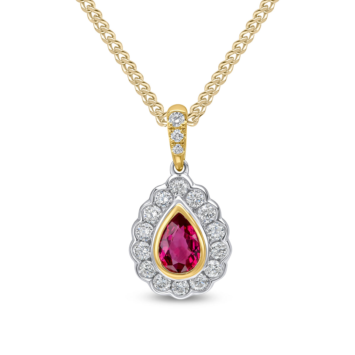 18ct Ywg Pear Shape Ruby and Round Diamond Rubover Cluster Pendant Claw Set Diamond Loop