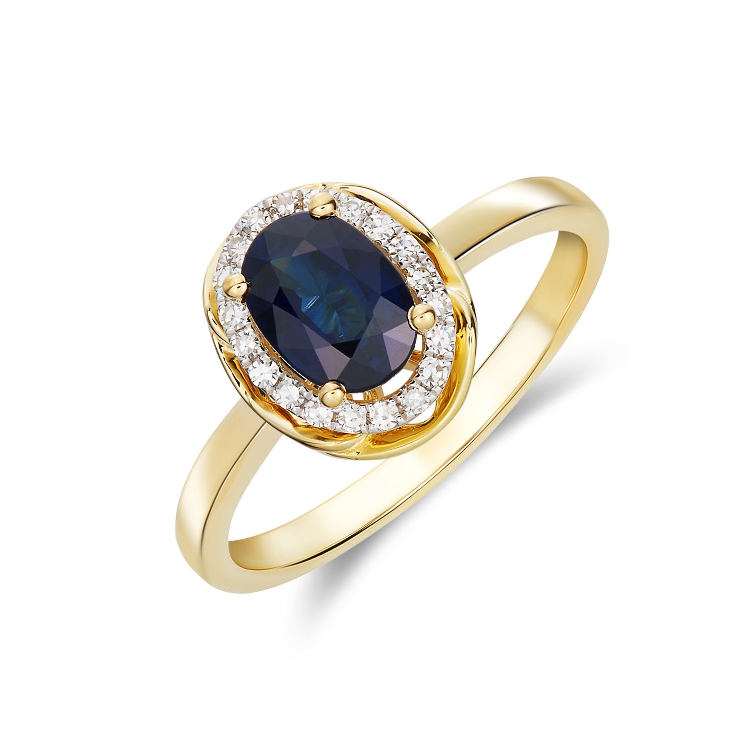 9CT YG 7X5 OVAL SAPPHIRE & DIAMOND CLUSTER RING WITH ROPE EDGE. RHODIUM TO DIAMONDS 1