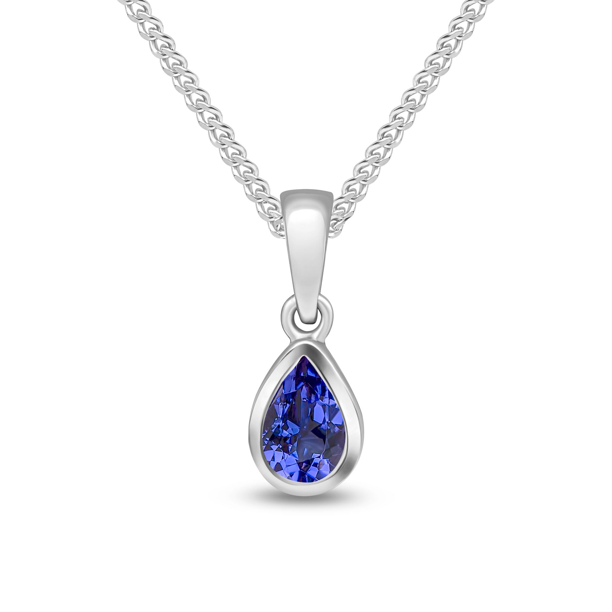 9ct White Gold 6x4 Pear Shape Tanzanite Rubover Single Stone Pendant