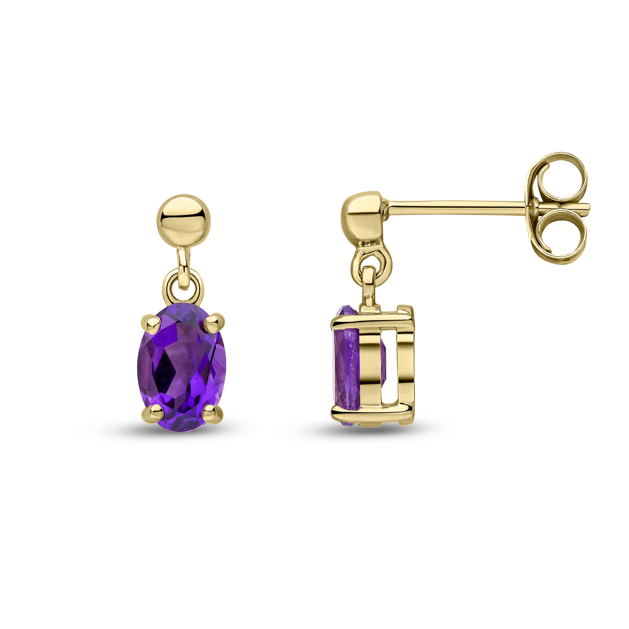 9ct Yellow Gold 6x4 Oval Amethyst Claw Set Drop Earrings with Bead Top