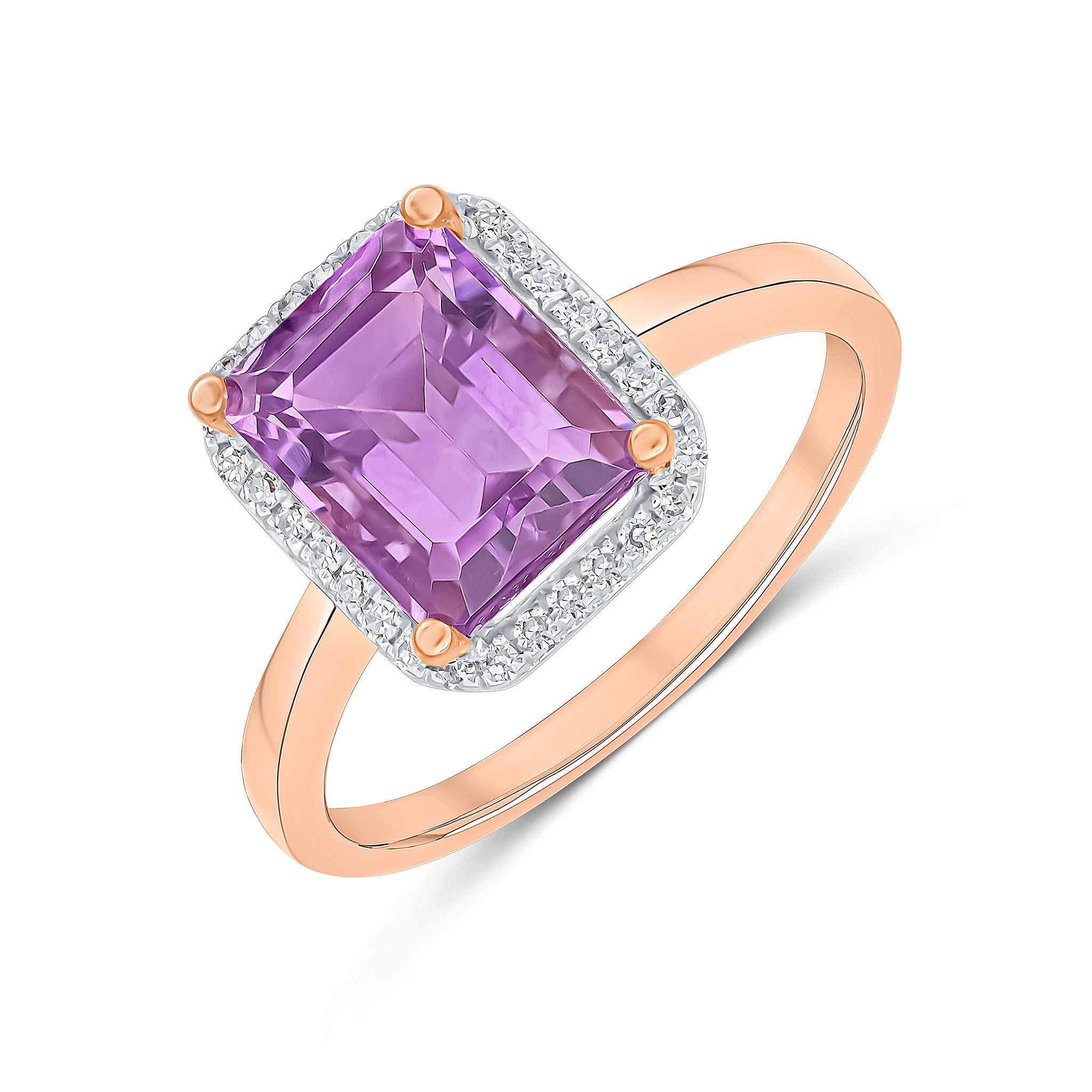 9ct Rose Gold 9x7 Octagonal Pink Amethyst & Diamond Claw Set Cluster Ring Rhodium to Diamonds