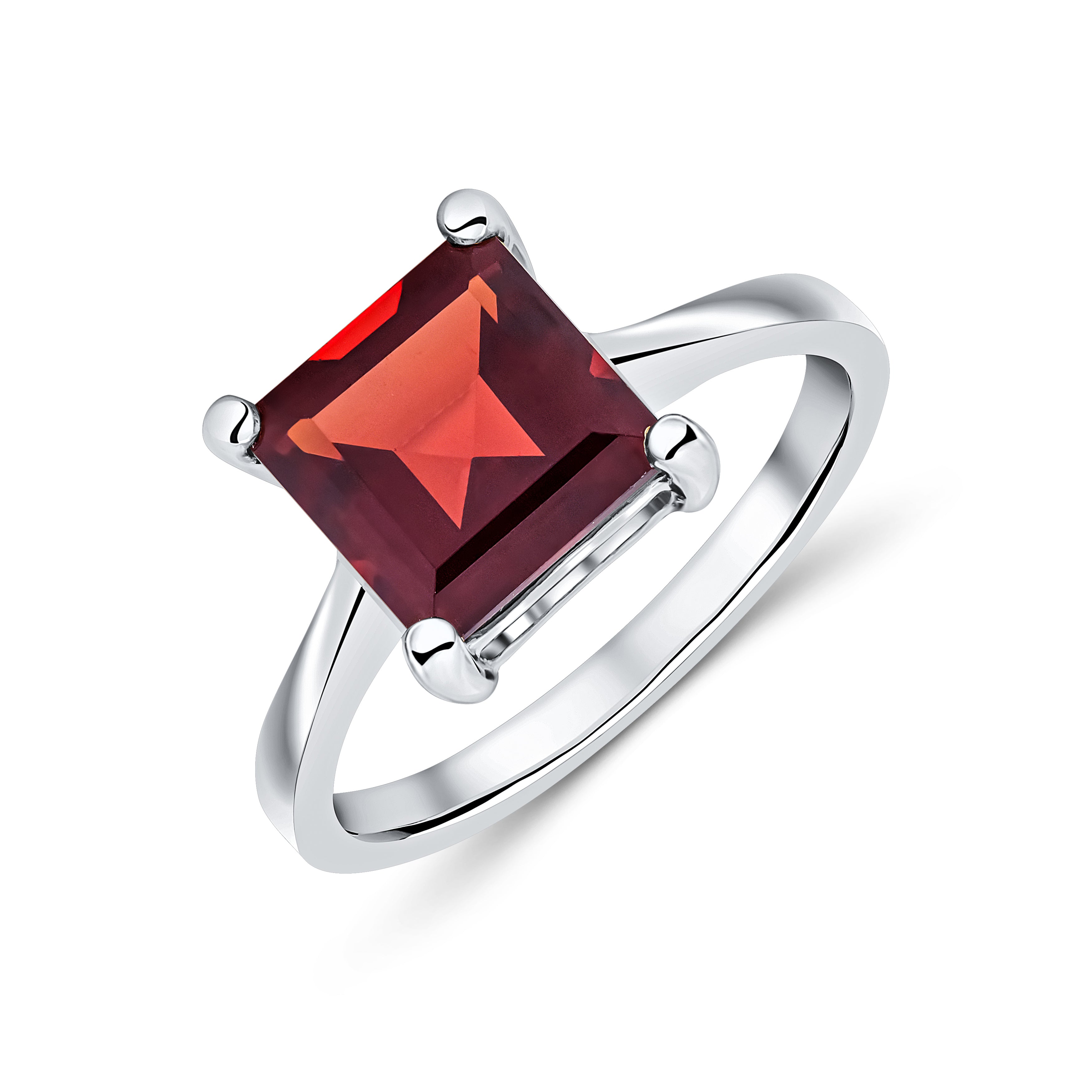 9ct White Gold 8mm Square Garnet Single Stone Claw Ring