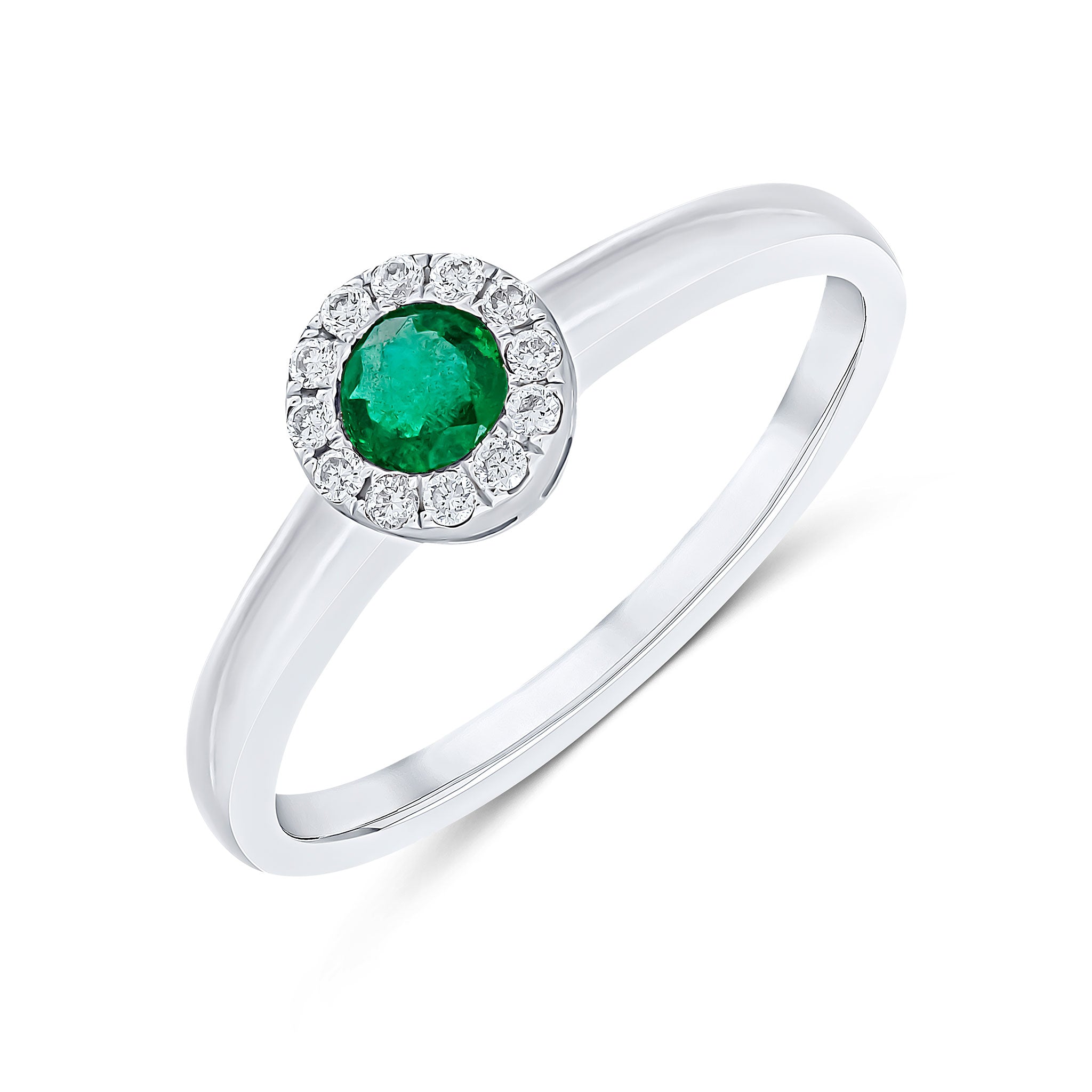 18ct White Gold 4mm Round Emerald & Diamond Round Microset Cluster Ring