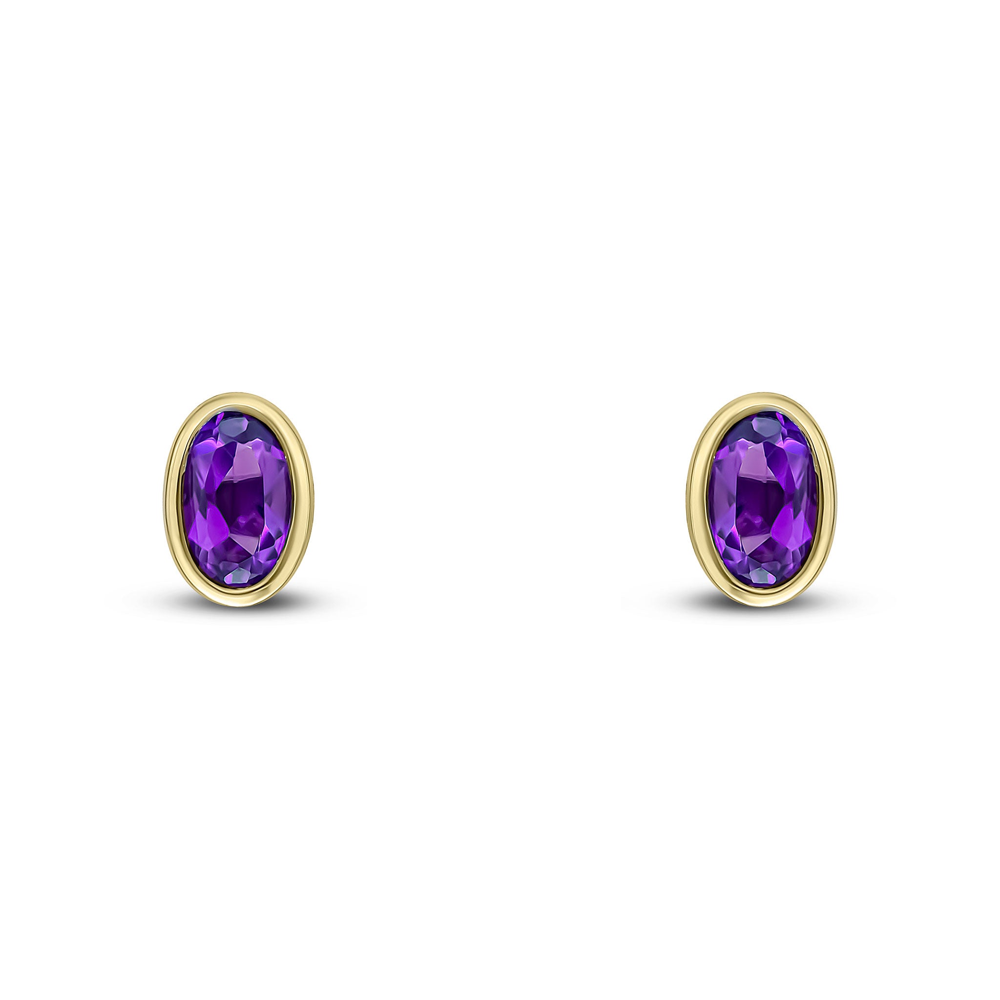 9ct Yellow Gold 5x3 Oval Amethyst Rubover Stud Earrings