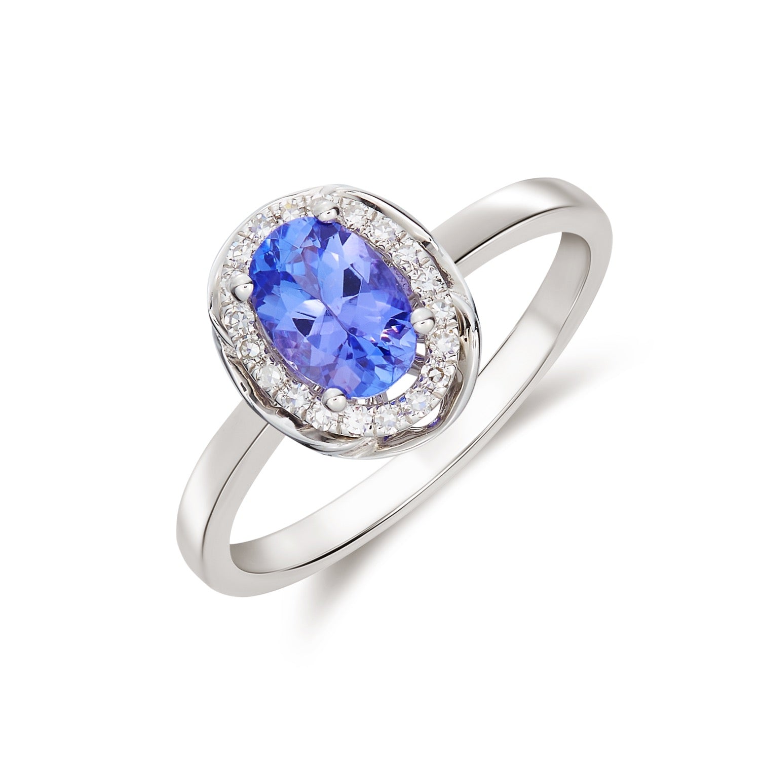 9CT WG 7X5 OVAL TANZANITE & DIAMOND CLUSTER RING WITH ROPE EDGE 1