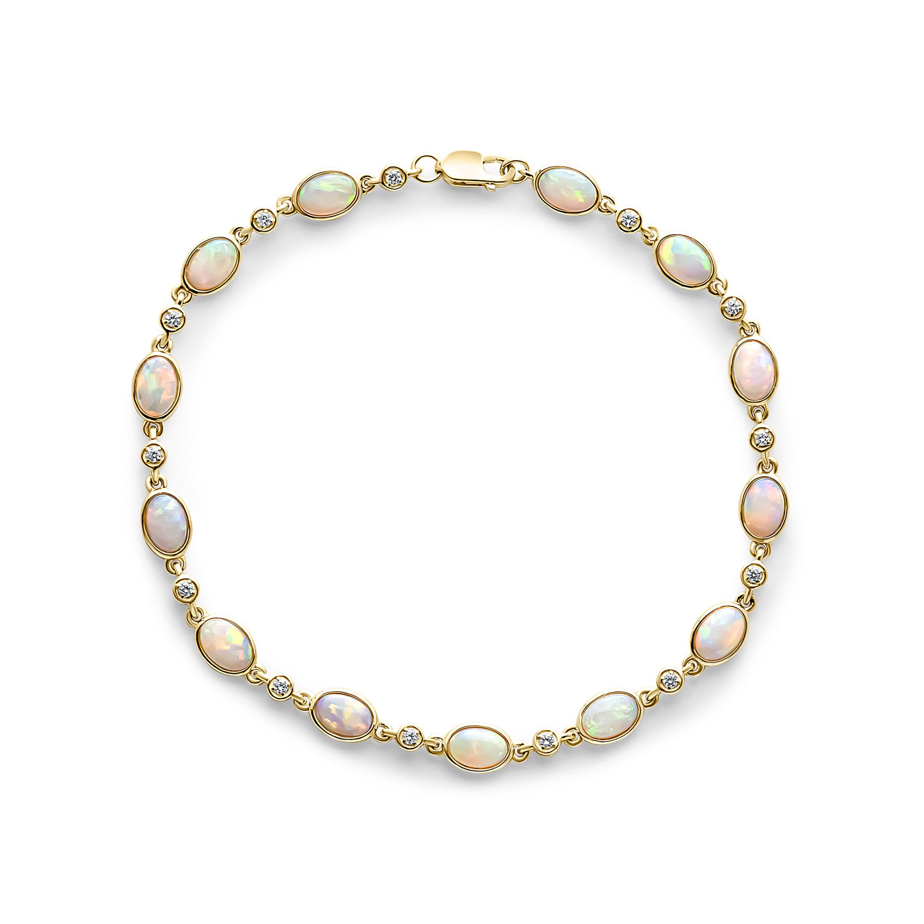 18ct Yellow Gold Oval Opal and Round Diamond Rubover Bracelet