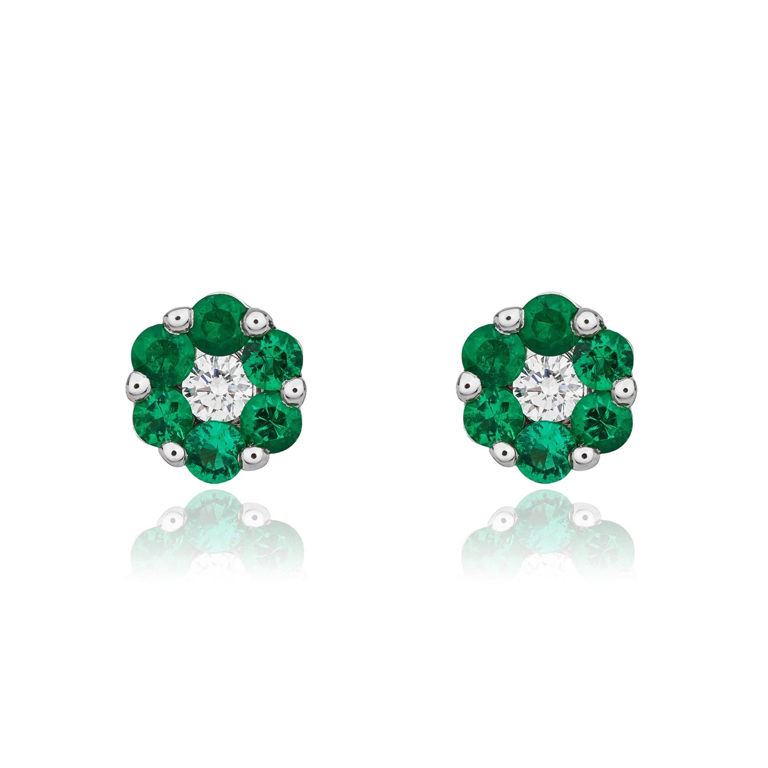 18ct White Gold Emerald and Diamond Round Reverse Cluster Earrings