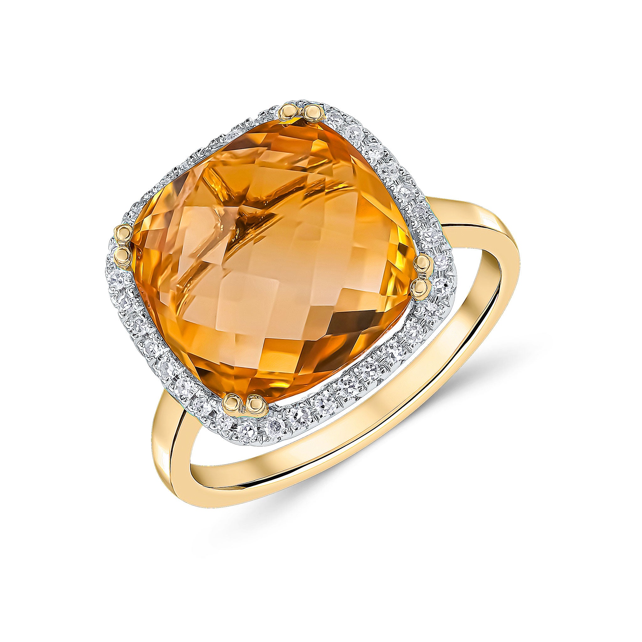 9ct Yellow Gold 12mm Checkerboard Cut Cushion Citrine and Round Diamond Claw Set Cluster Ring Rhodium to Diamonds
