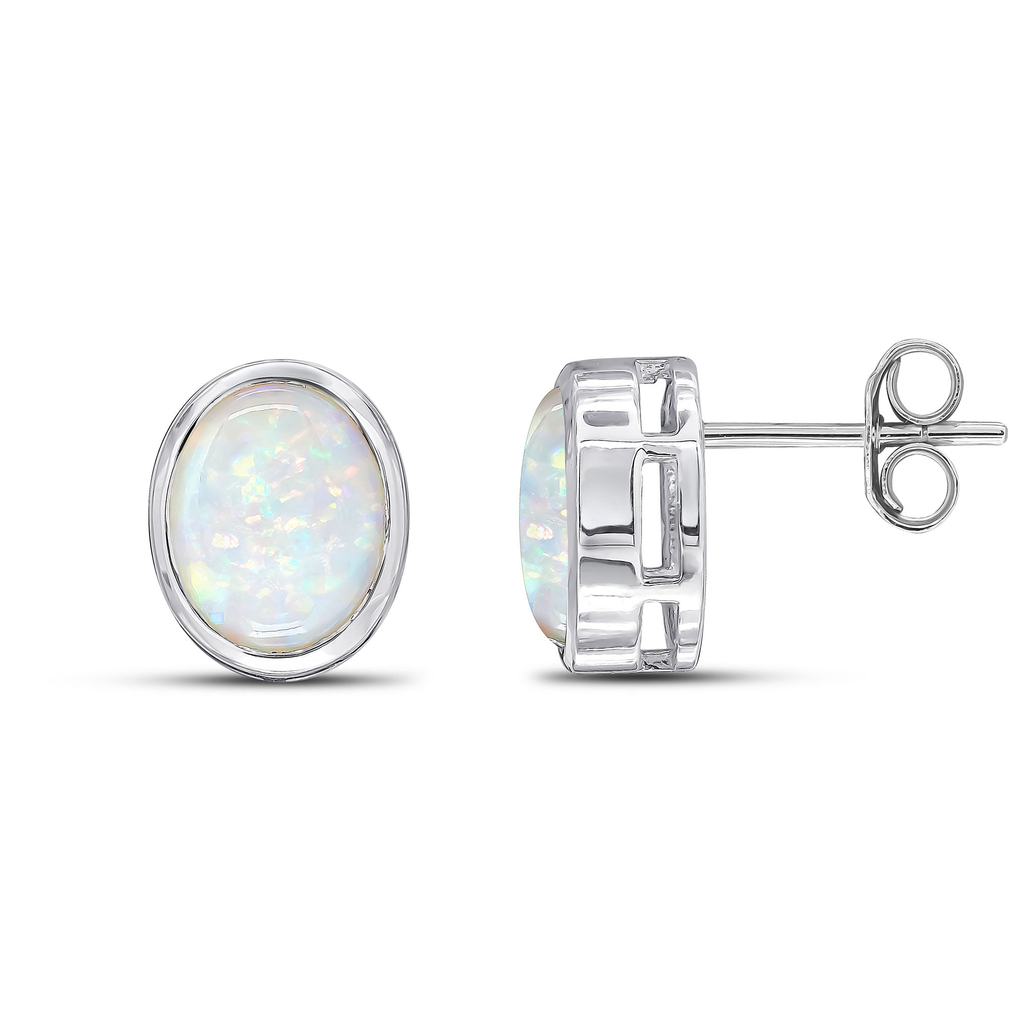 9ct White Gold 9x7 Oval Opal Rubover Earrings