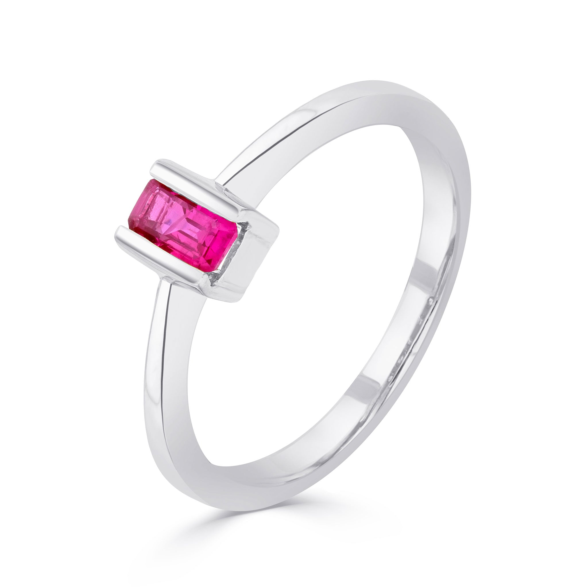 9ct White Gold 5x3mm Octagon Ruby Bar Set Single Stone Ring
