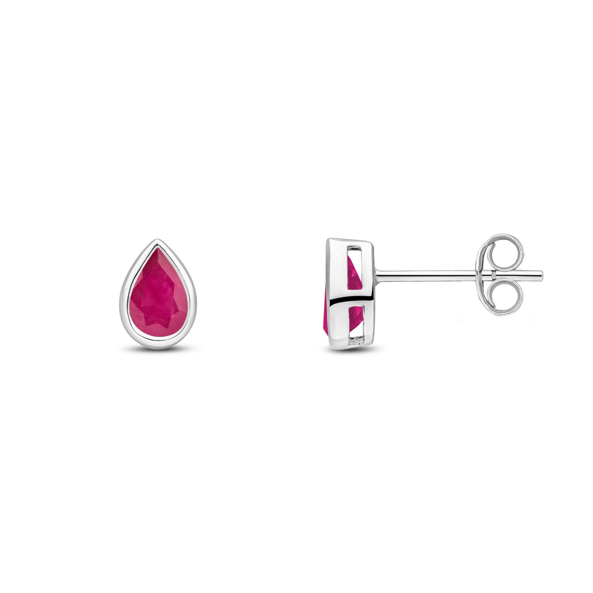 9ct White Gold 6x4 Pear Shape Ruby Rubover Set Earrings