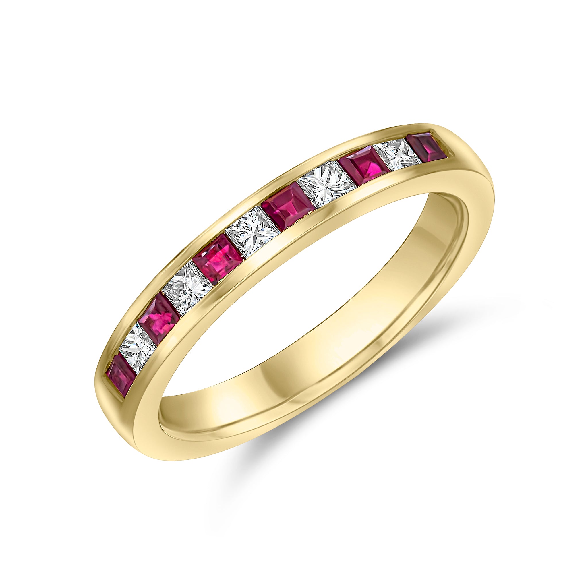 18ct Yellow Gold Square Ruby and Princess Cut Diamond 11 Stone Channel Set 1 2 Eternity Ring