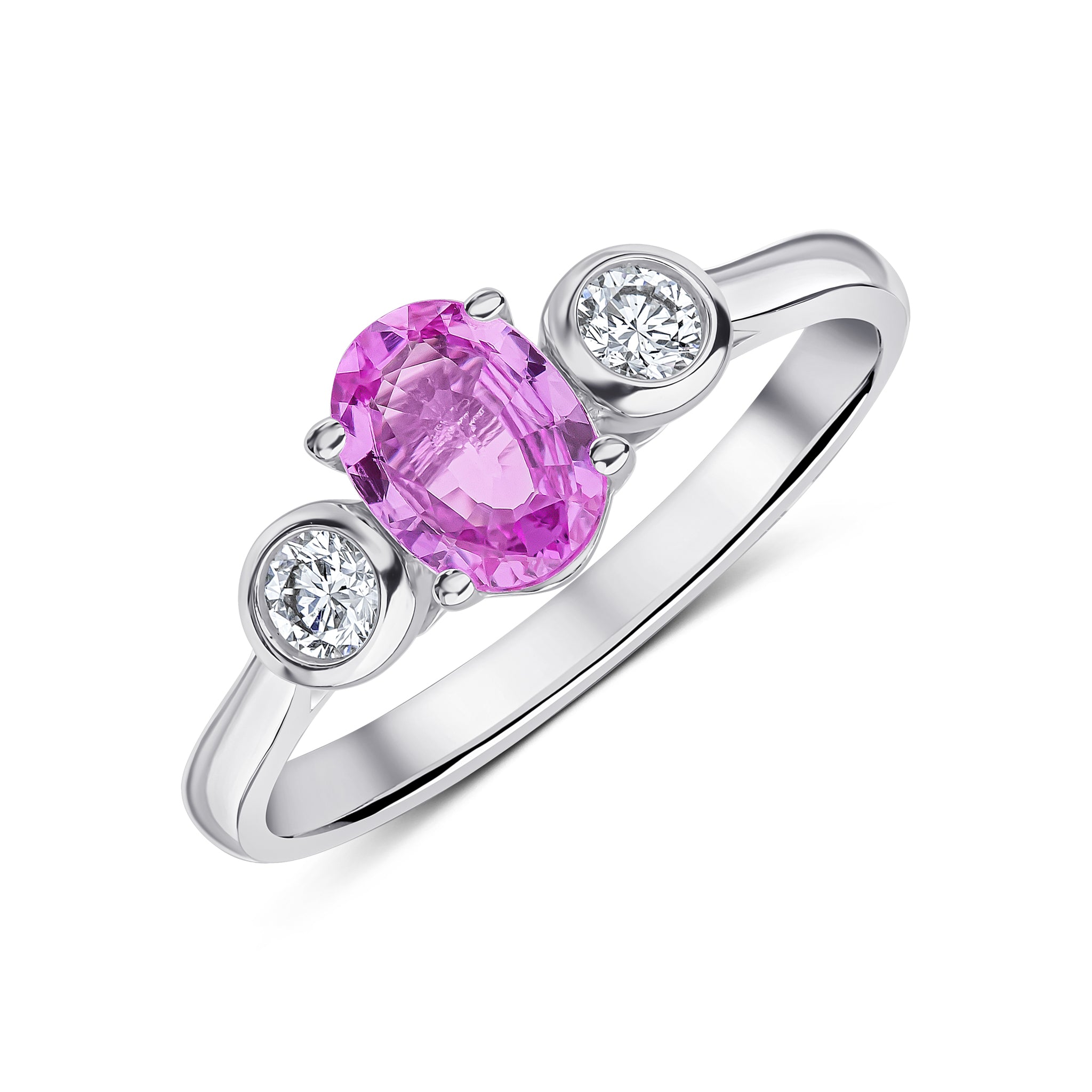 18ct White Gold Claw Set 7x5 Oval Pink Sapphire and Rubover Brilliant Cut Diamond 3 Stone Ring