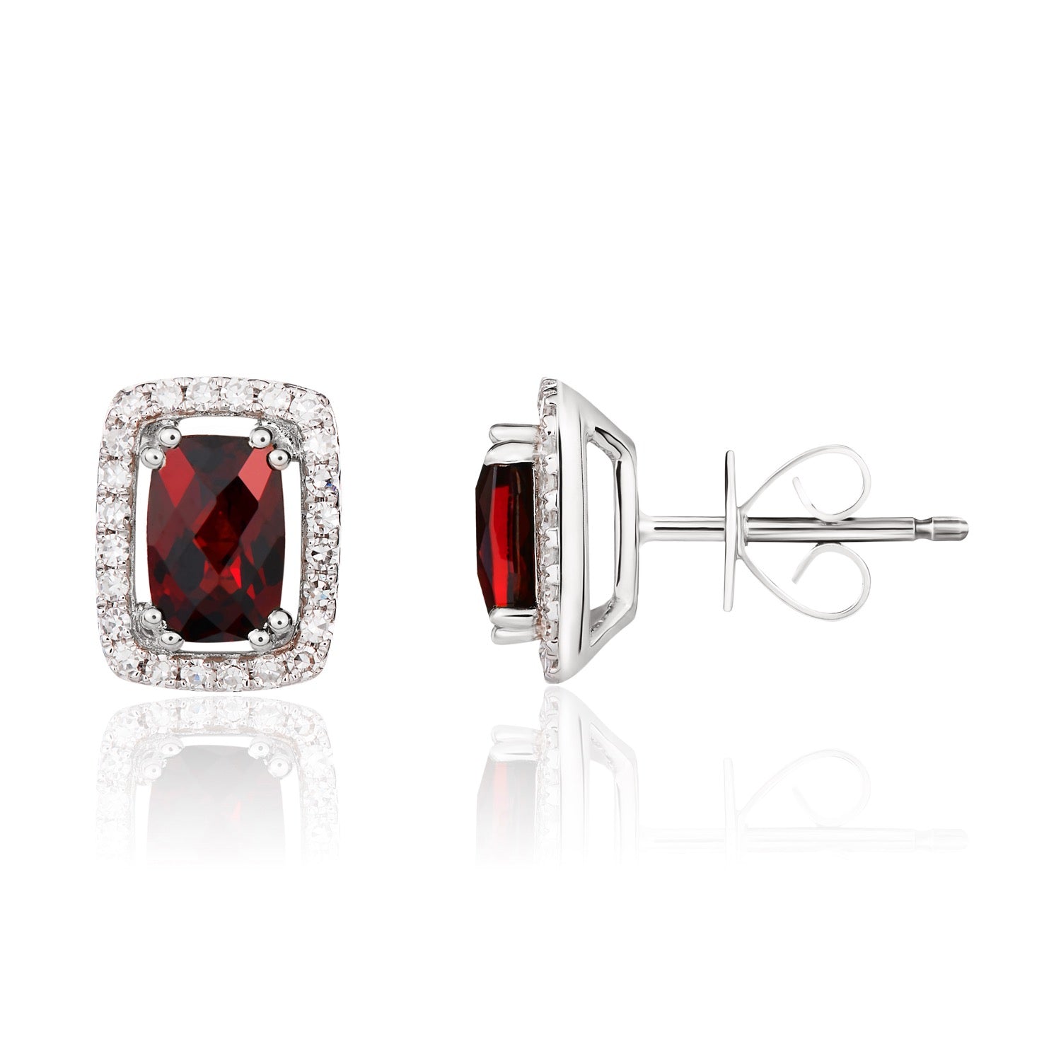 9ct White Gold Cushion Garnet & Diamond Cluster Stud Earrings