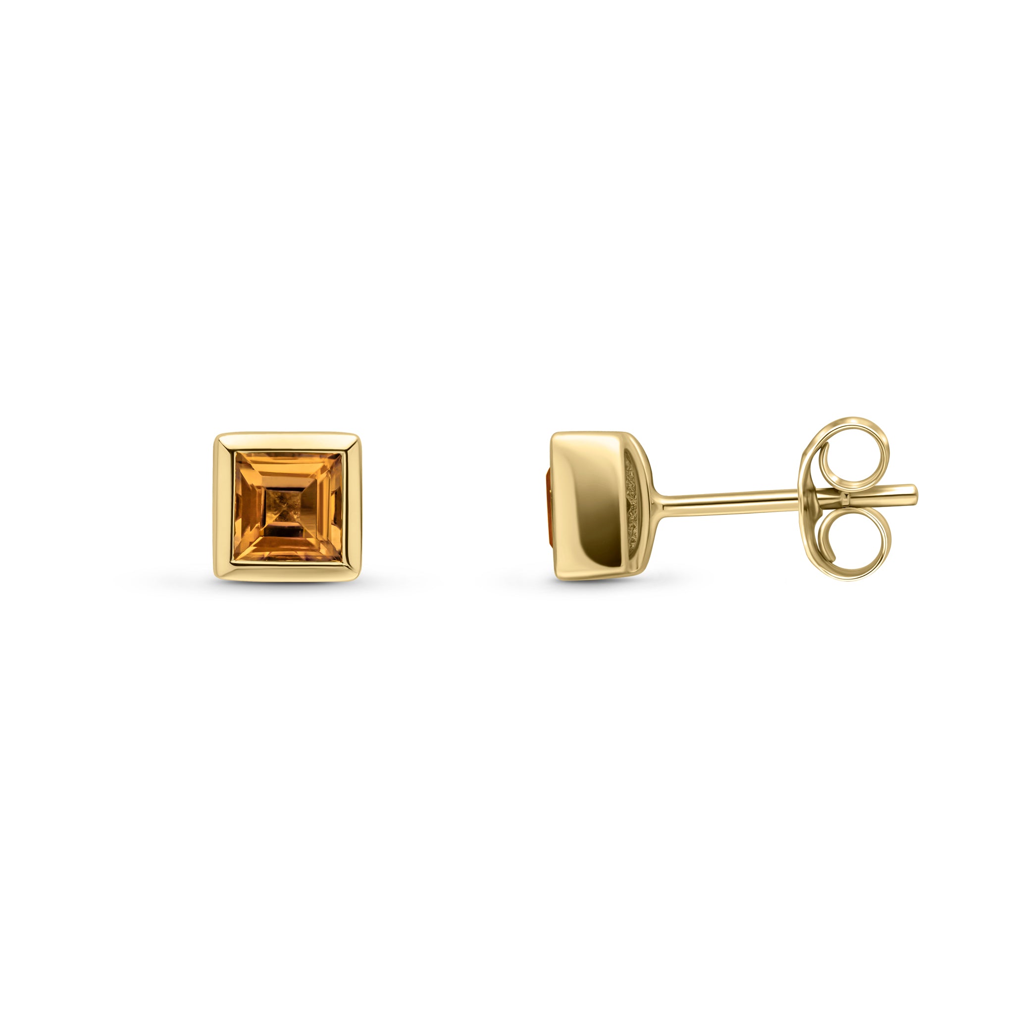 9ct Yellow Gold 4mm Square Citrine Rubover Set Earrings