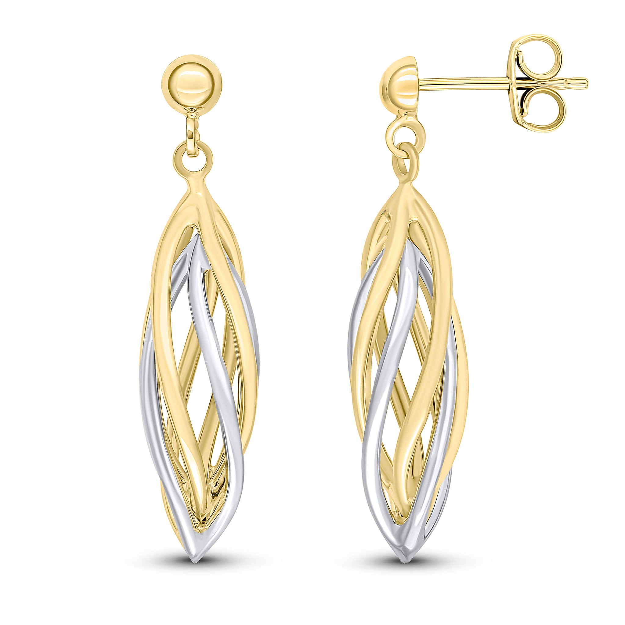9ct Yellow and White gold Open Twist Marquise Shape Drop Earrings