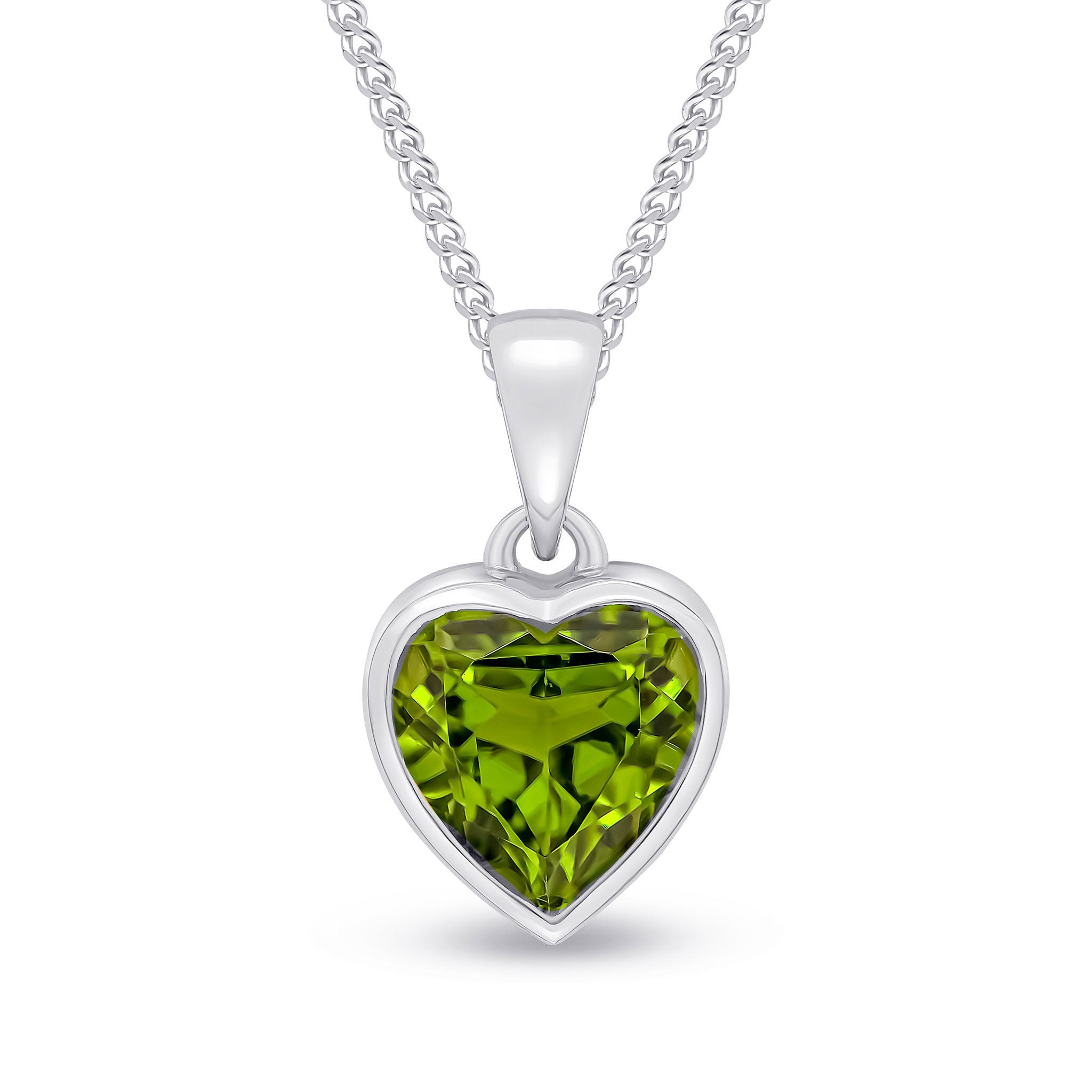 9ct White Gold 8mm Heartshape Peridot Rubover Single Stone Pendant ( Currently Unavailable Due to Stone Shortage )
