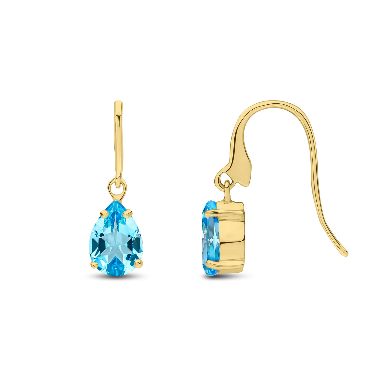 9ct Yellow Gold 7x5mm Pear Shape Swiss Blue Topaz Claw Set Wire Hook Drop Earrings