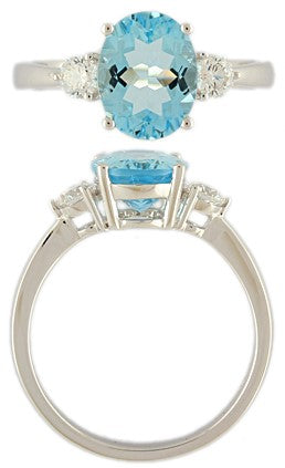 18ct White Gold 9x7 Oval Aquamarine and Round Diamond Claw Set 3 Stone Ring