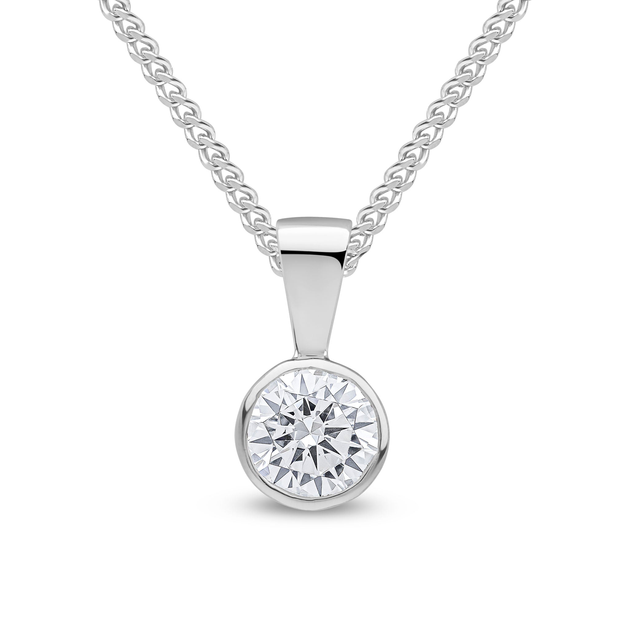 9ct white gold 5mm Round cubic zirconia rubover pendant