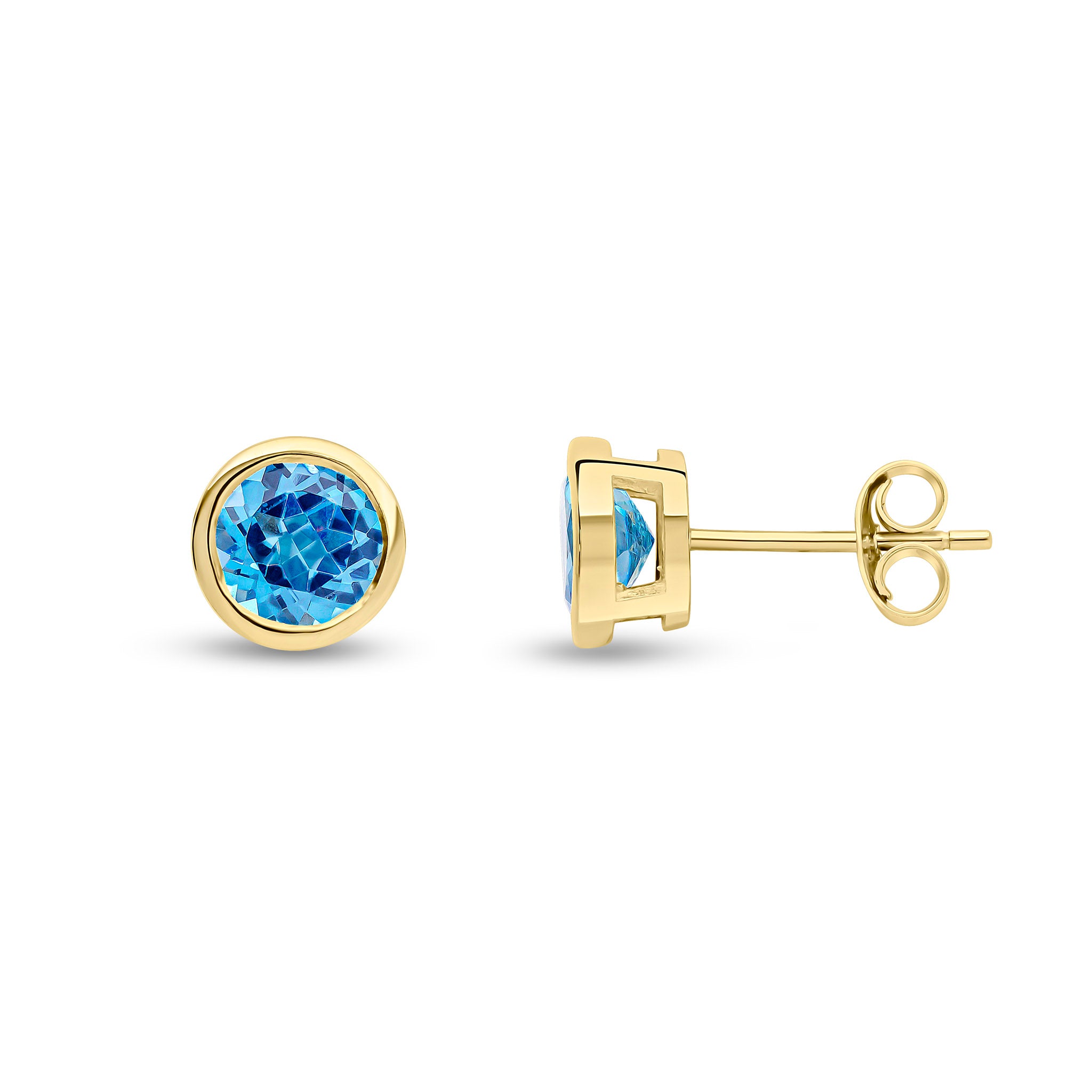 9ct Yellow Gold 6mm Round Swiss Blue Topaz Rubover Earrings