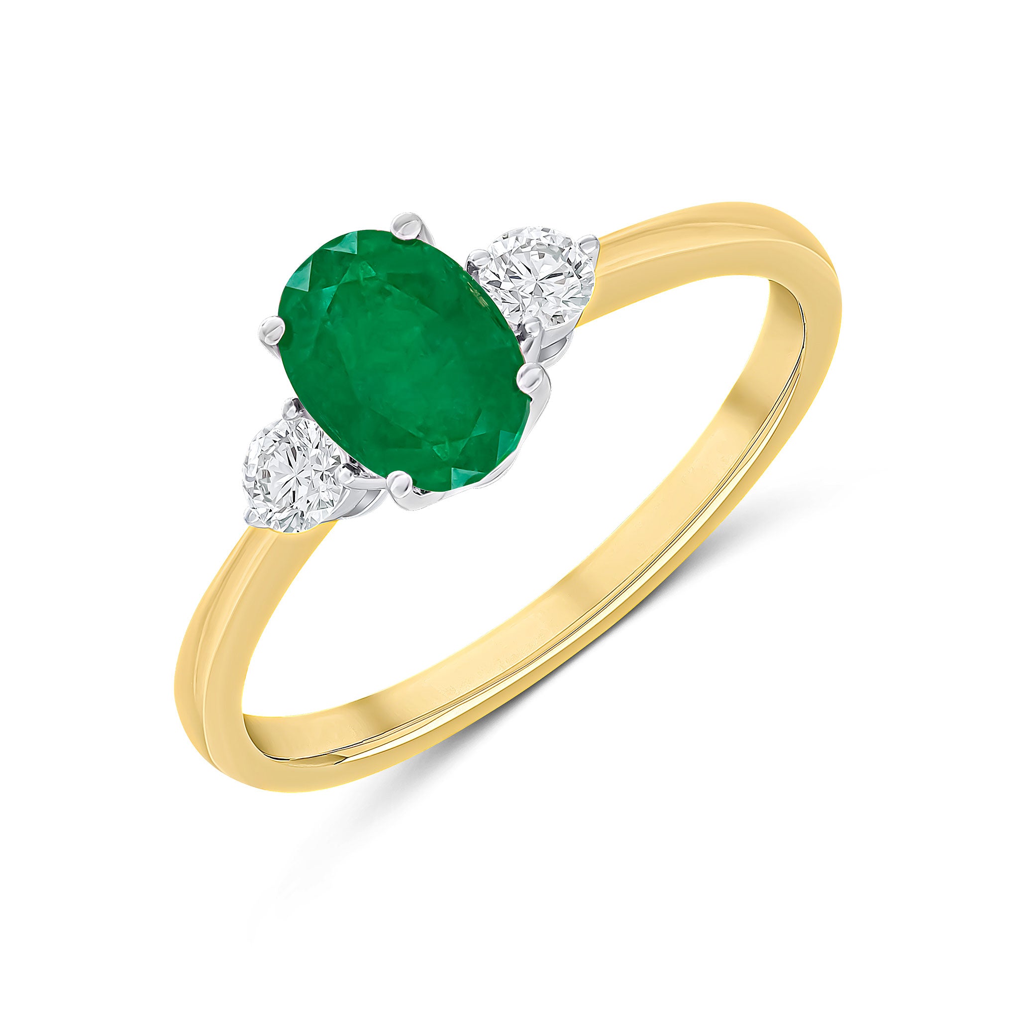 18ct Yellow and White Gold 7x5 Oval Emerald & Round Diamond Claw 3 Stone Ring