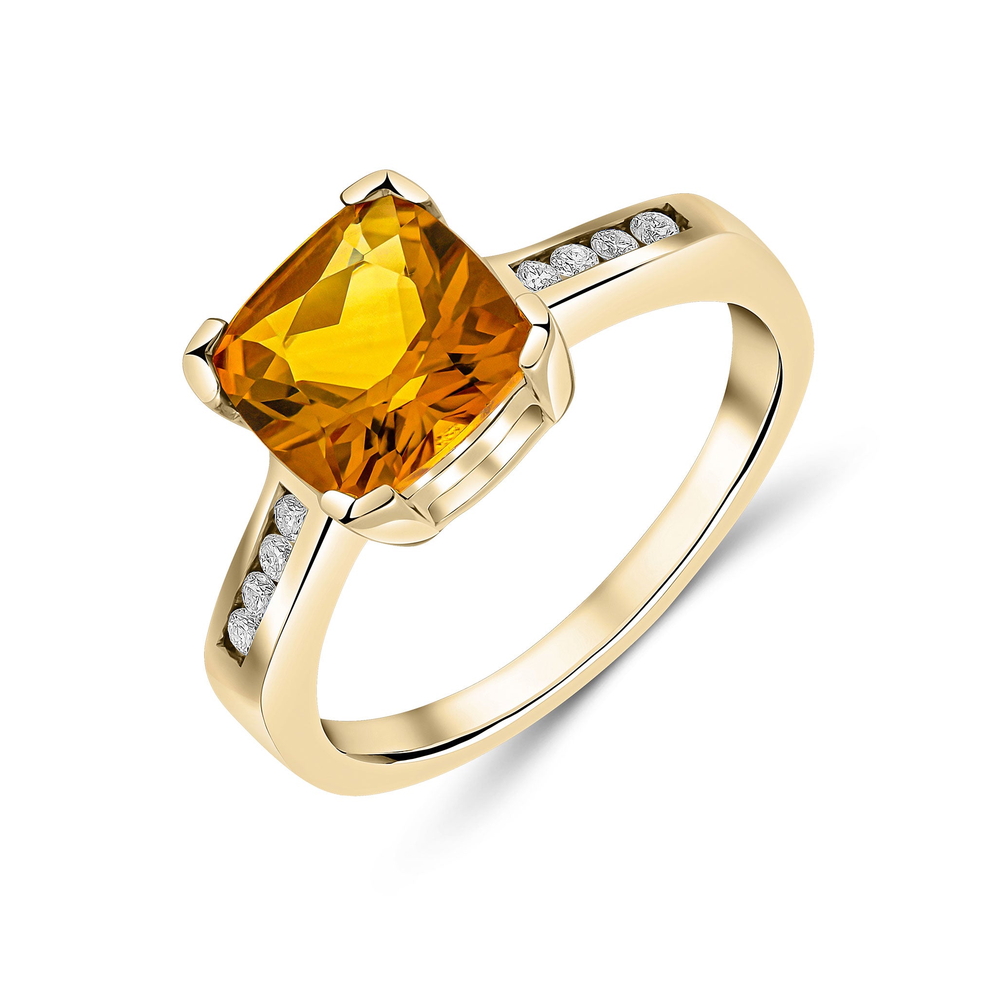 9ct Yellow Gold Claw Set Cushion Citrine Single Stone Ring with Channel Set Diamond Shoulders