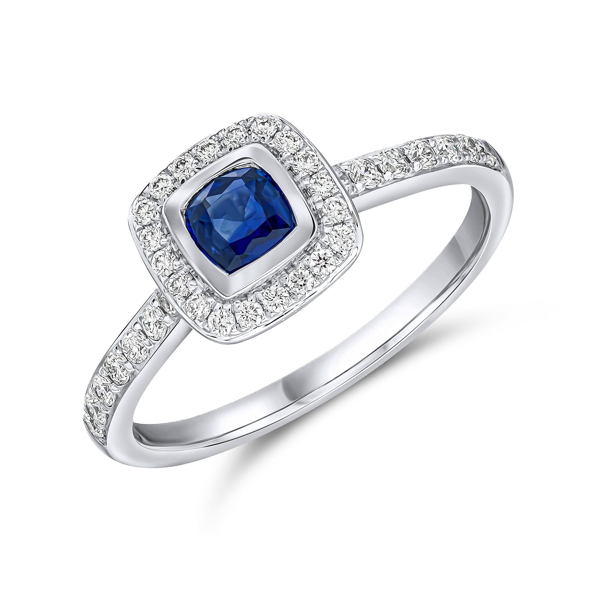 18wg Rubover Cushion Sapphire & Grain Set Diamond Cluster Ring with Diamond On Shoulders