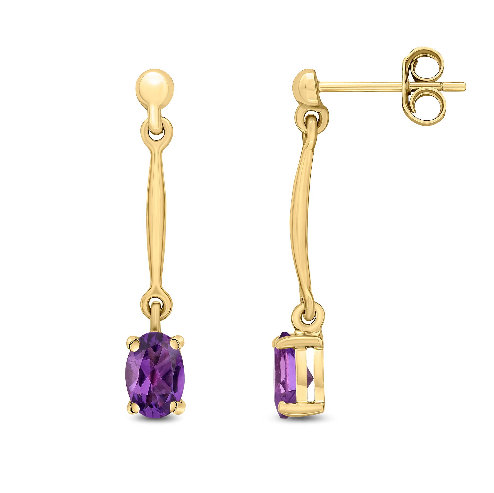 9ct Yellow Gold Claw Set 6x4mm Oval Amethyst and Bar Drop Earrings