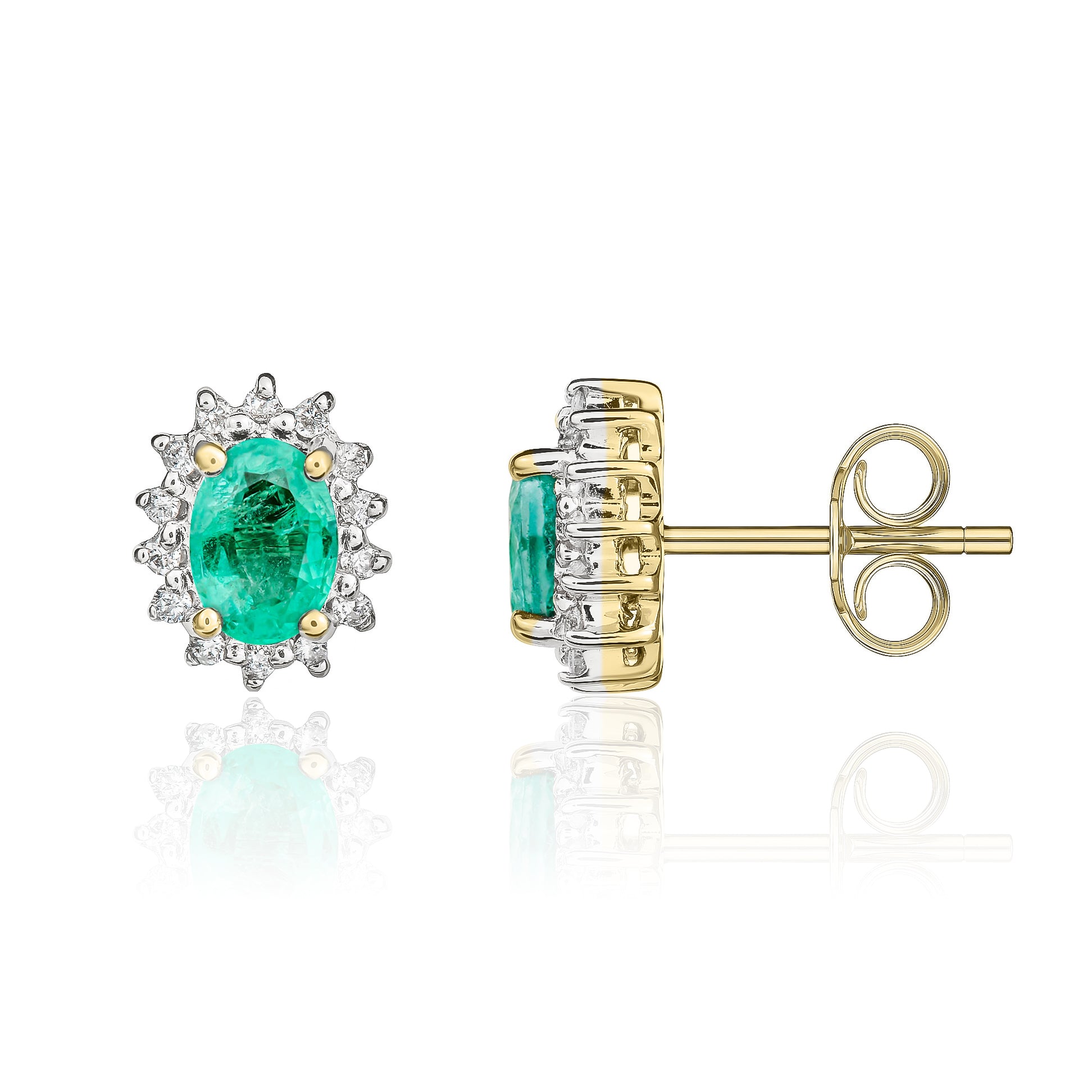 9ct Yellow Gold 6x4 Oval Emerald and Diamond Claw Set Cluster Earrings Rhodium to Diamonds