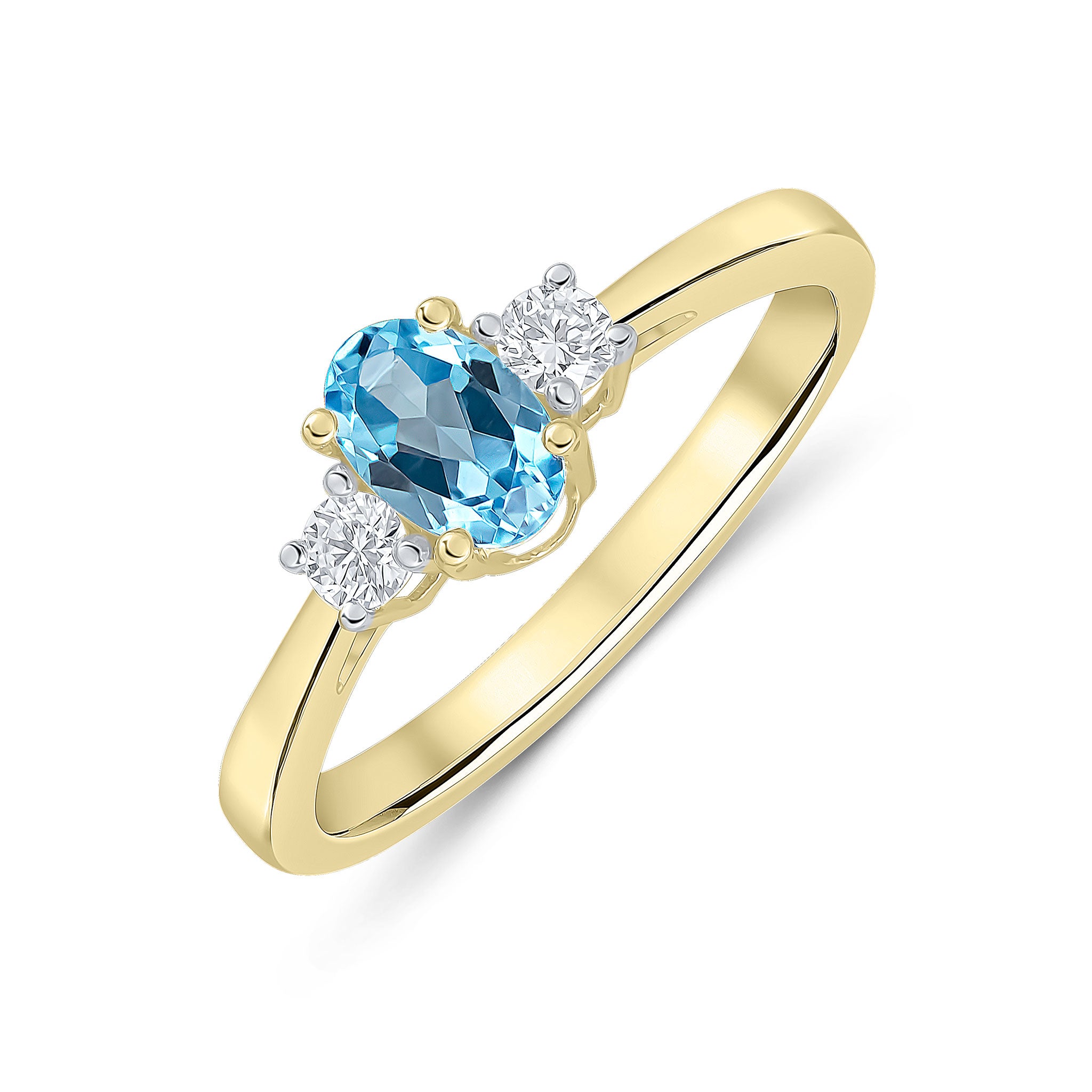 9ct Yellow Gold 6x4 Oval Swiss Blue Topaz and Round Diamond Claw Set 3 Stone Ring Rhodium to Diamonds