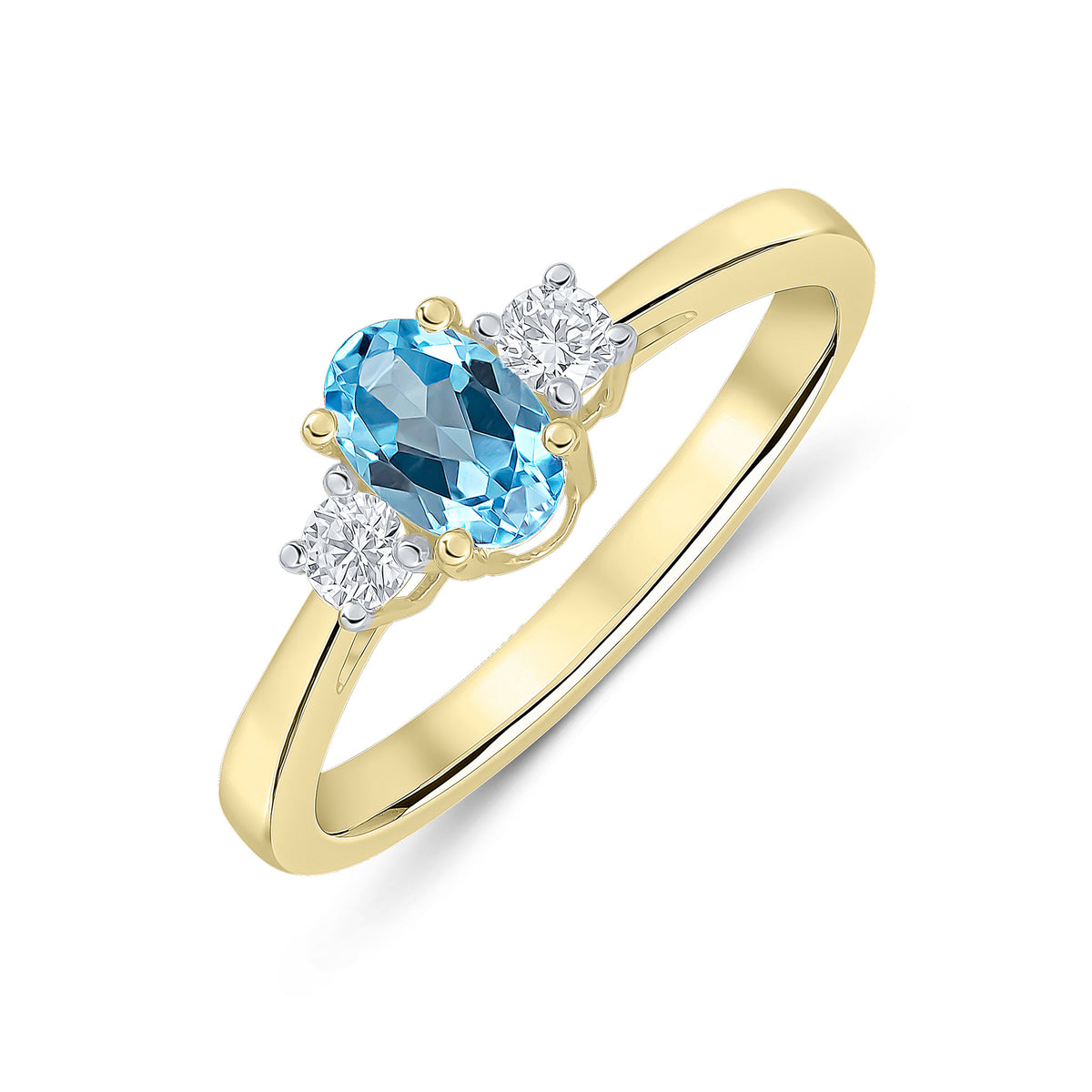 9ct Yellow Gold 6x4 Oval Swiss Blue Topaz and Round Diamond Claw Set 3 Stone Ring Rhodium to Diamonds