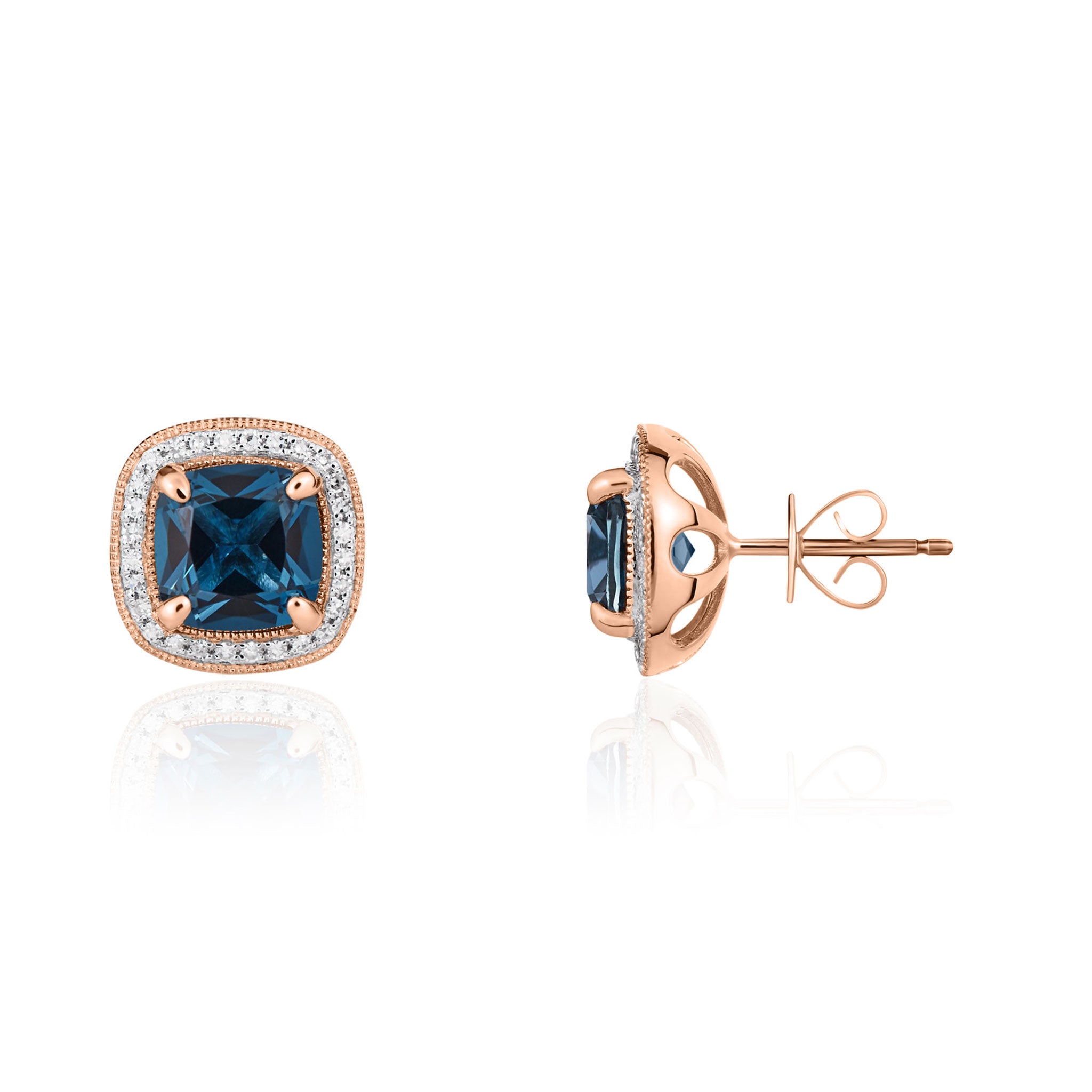 9ct Rose Gold 7mm Cushion London Blue Topaz and Diamond Cluster Earrings with Milgrain Edge