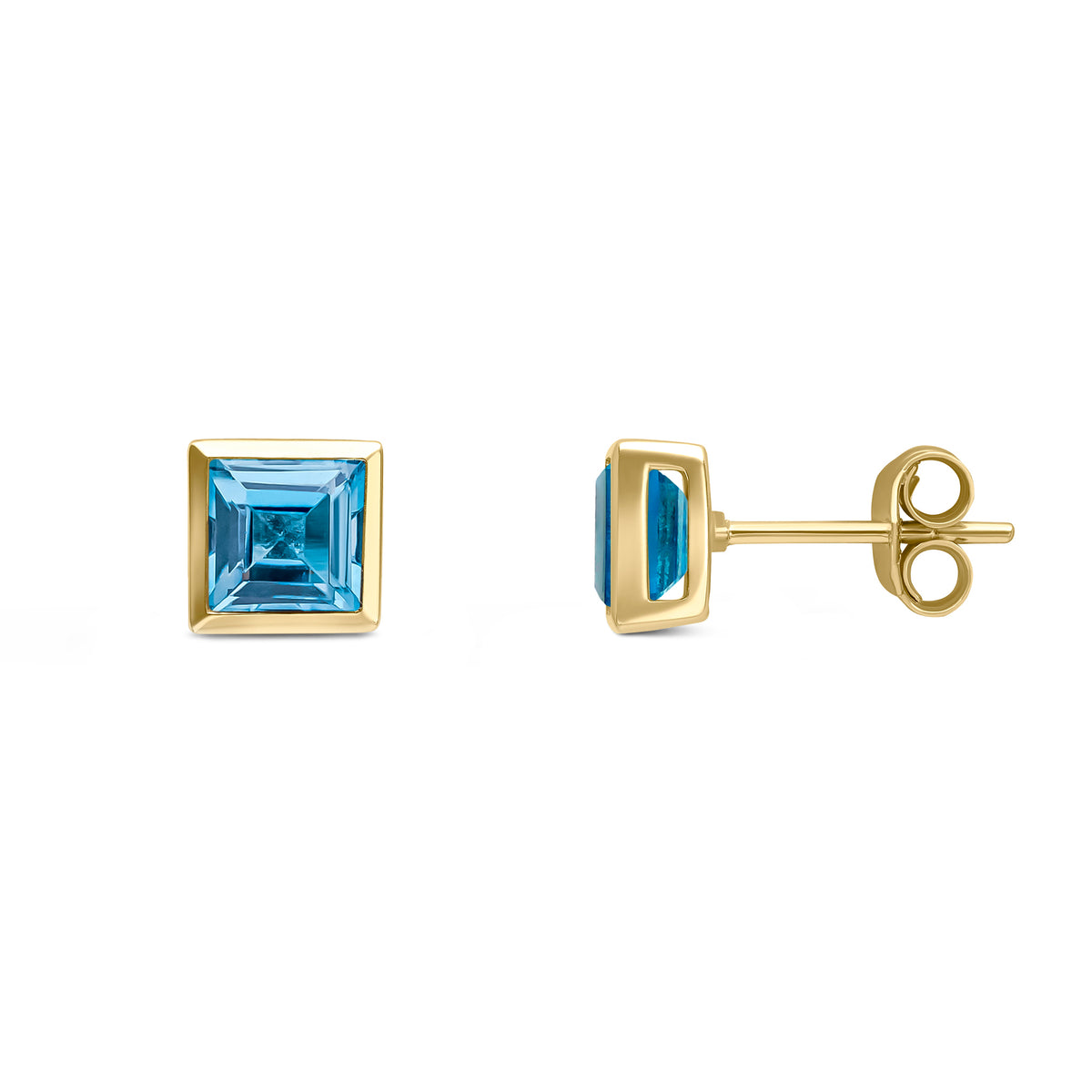9ct Yellow Gold 5mm Square Swiss Blue Topaz Rubover Set Earrings