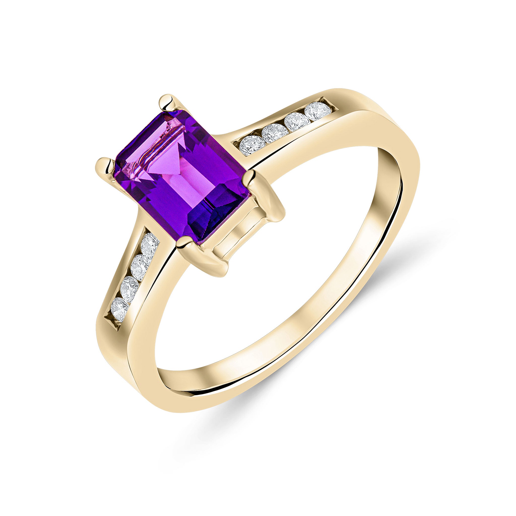 9ct Yellow Gold 7x5 Octagon Amethyst Claw Set Single Stone Ring with Channel Set Diamond Shoulders