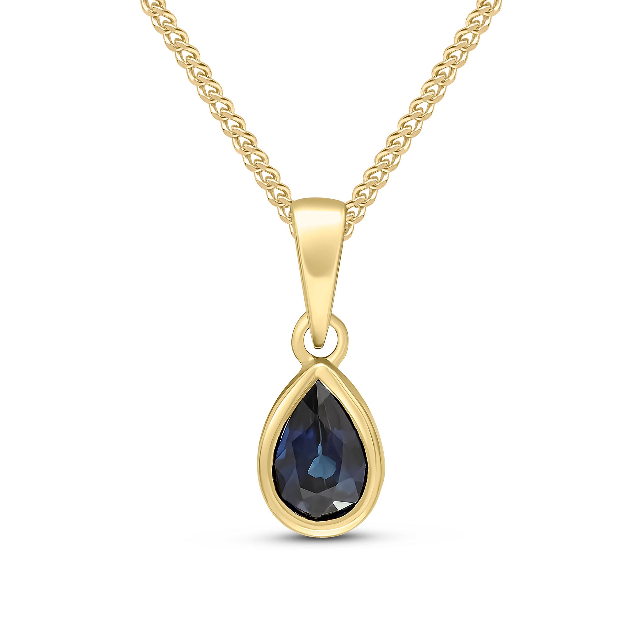 9ct Yellow Gold 6x4 Pear Shape Sapphire Rubover Single Stone Pendant